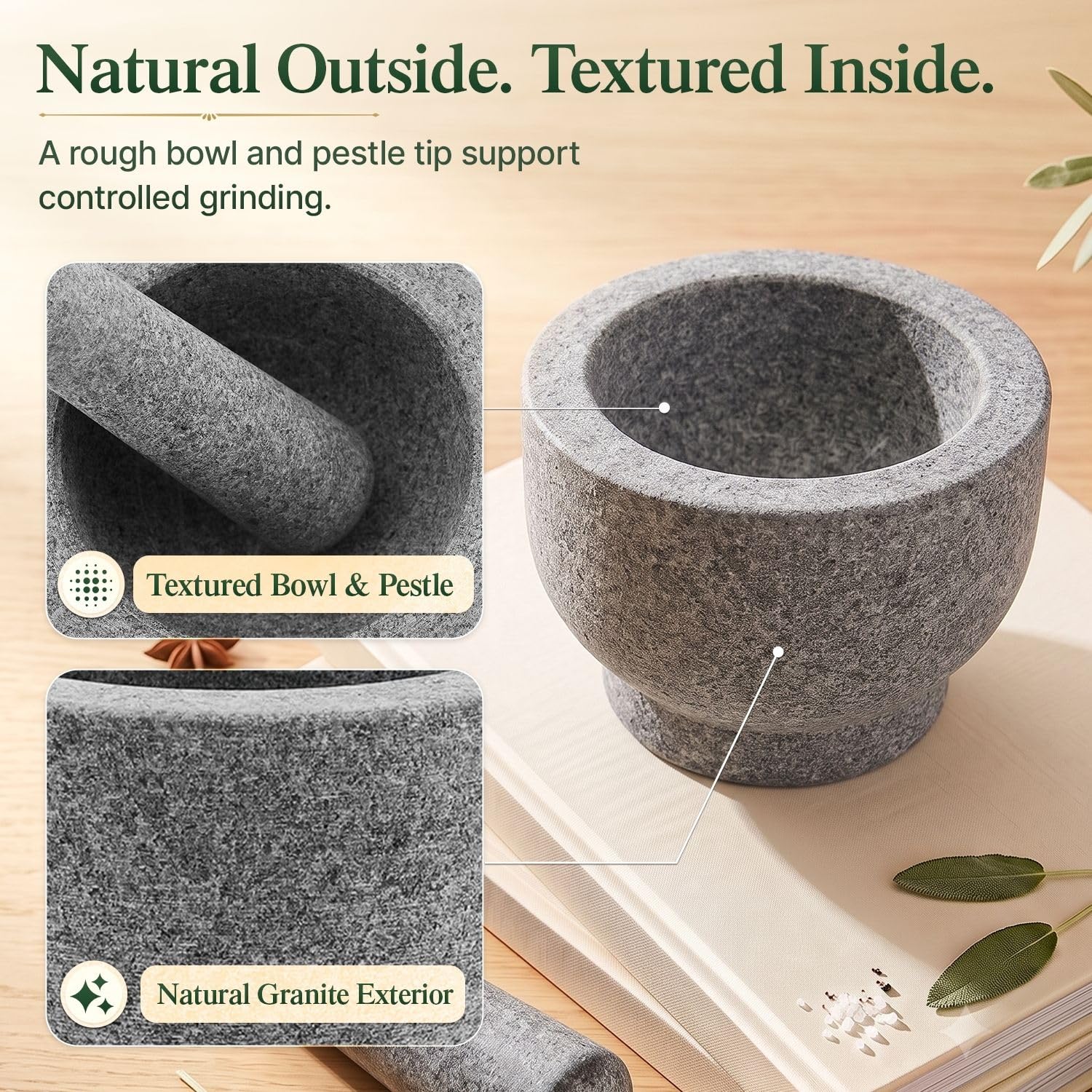 Flexzion Ensemble de mortier et pilon en granit 4 tasses avec éplucheur d'ail et tapis antidérapant pour guacamole, herbes, épices, salsa, gris