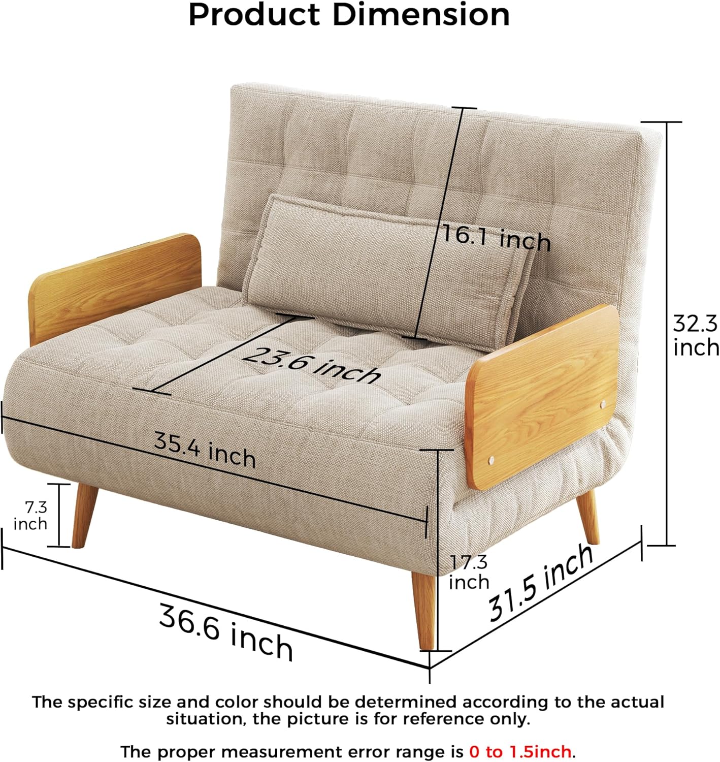 3-in-1 Convertible Chair Bed Sleeper for Adults, Linen Convertable Sleeper Chair with Wooden Arms & Pillows, Foldable Single Futon Sofa Bed for Small Spaces, Mid Century, 76.6" D x 36.6" W Mid-century 36.6" W Sleeper Chair