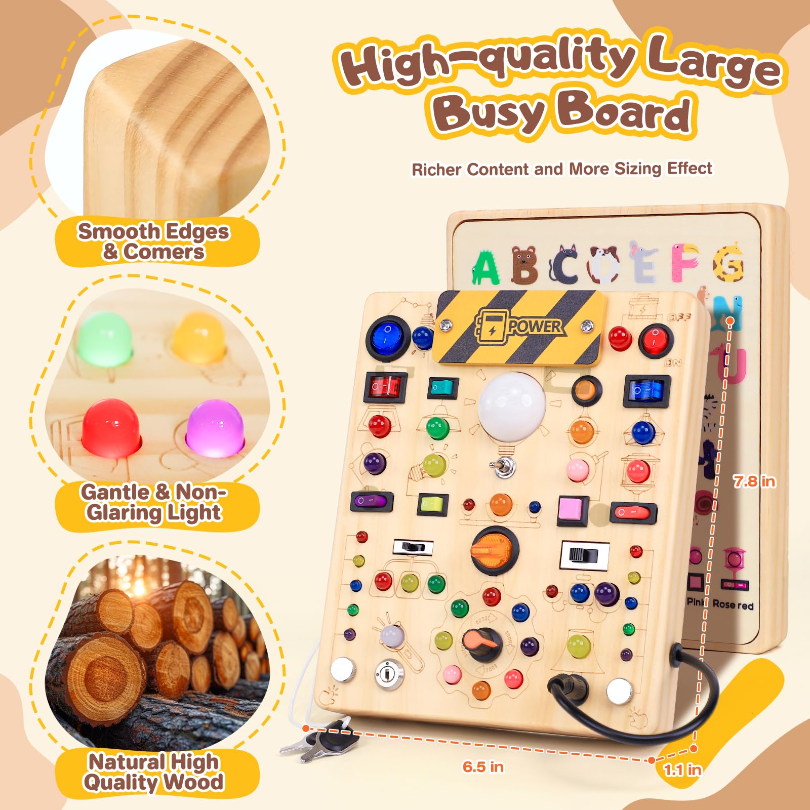 Busy Board con interruttori della luce a LED, giocattoli Montessori per ragazzi di 1, 2 e 3 anni, tabella delle attività sensoriali giocattolo in legno per ragazzi e ragazze di 1+ anni (19