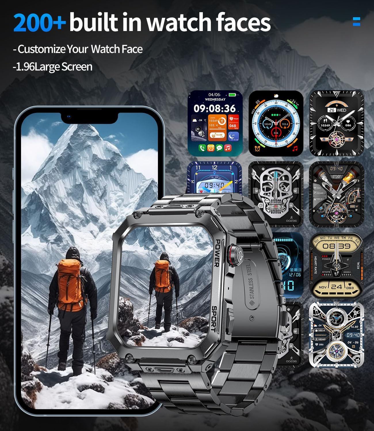 A collage of various watch faces available for the LIGE Smart Watch, displayed around a central image of the watch being worn by a person hiking in a snowy mountain landscape.