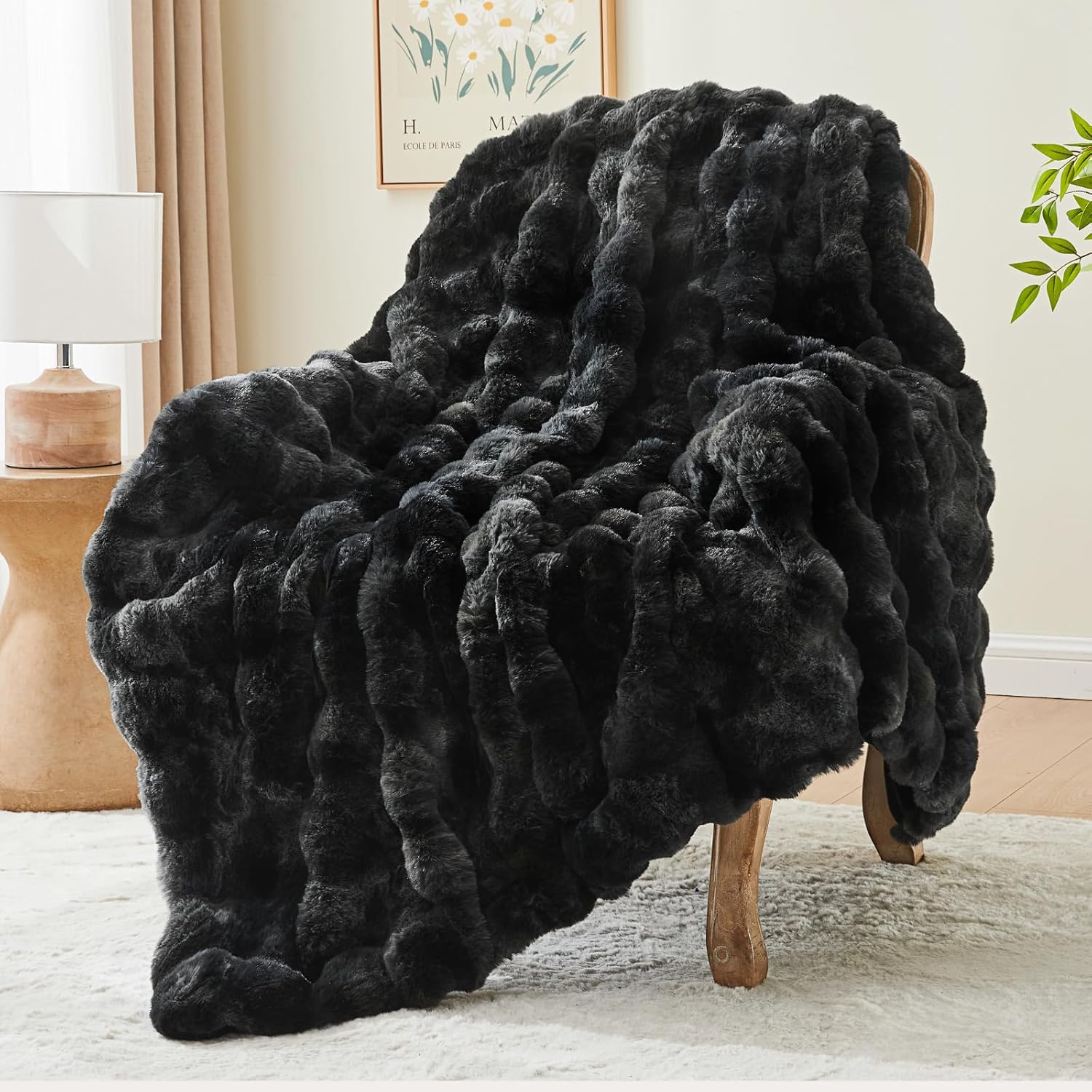 BEDELITE Faux Fur Throw Blanket for Couch, Decorative Tie-Dye Black Plush Bubble Blanket - Super Soft & Cozy Fluffy Faux Rabbit Fur Blanket for Women Gift, 50x60 Inches - Image 8
