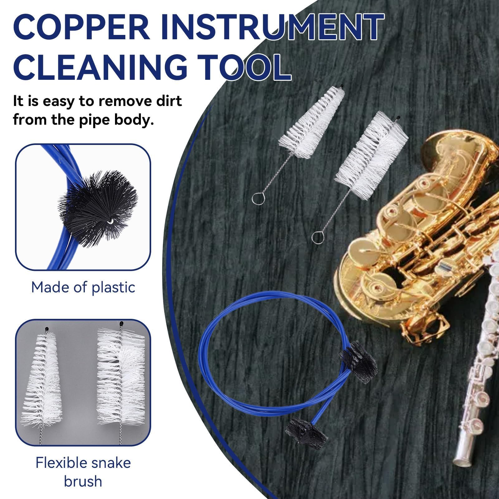 Kit de Limpieza para Trompeta, 4 Pzs/Set Cepillo Serpiente para Boquilla Cepillo Flexible para Válvula con Varilla Limpieza Kit de Limpieza y Mantenimiento para Instrumentos Musicales de Corneta