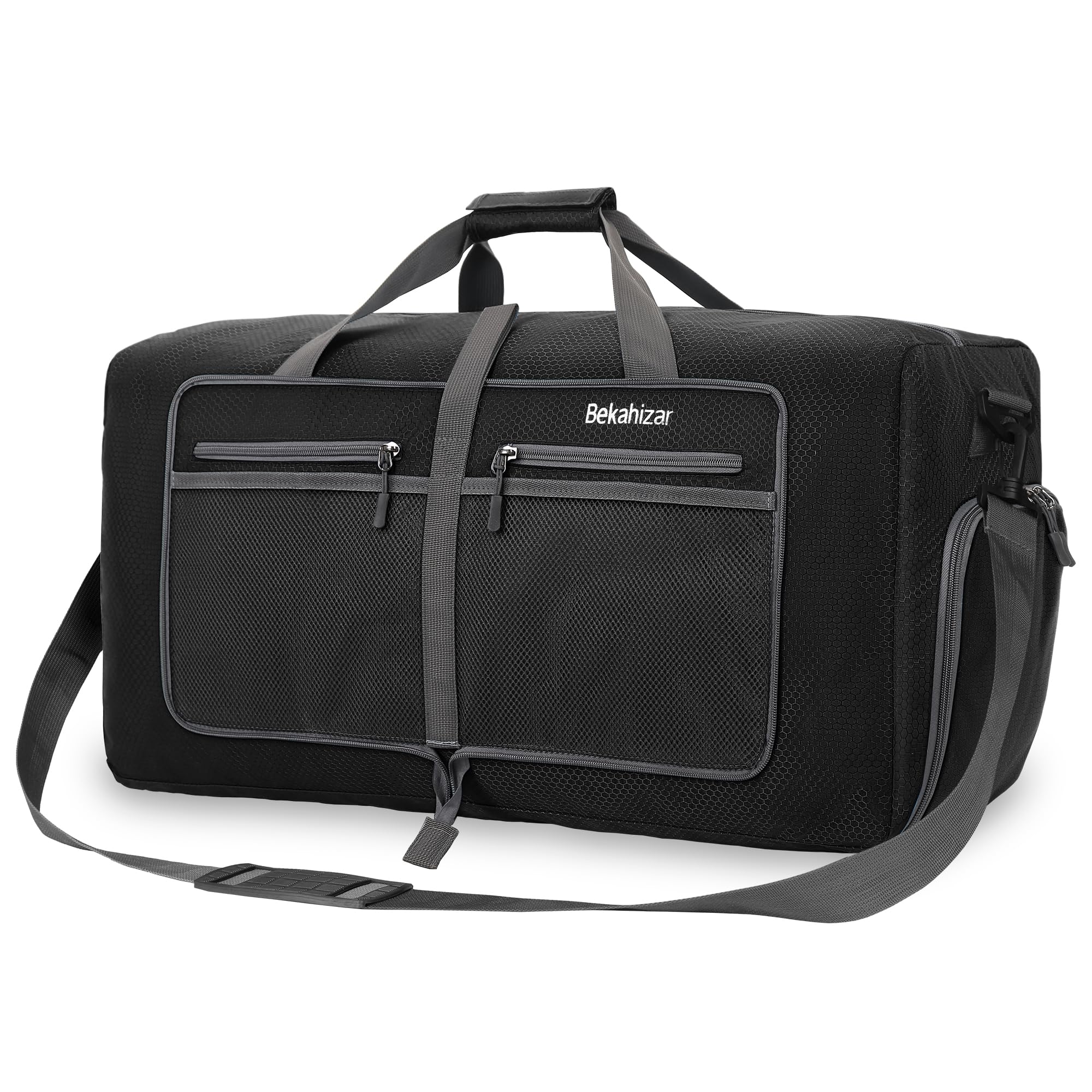 Bekahizar Leichte Faltbare Reisetasche 60L Große Travel Duffle Bag Übernachtung Taschen Verpackbar Reisegepäck Gym Sporttasche Mit Schuhfach für Herren Damen Flugzeug Camping Reisen Urlaub (schwarz)