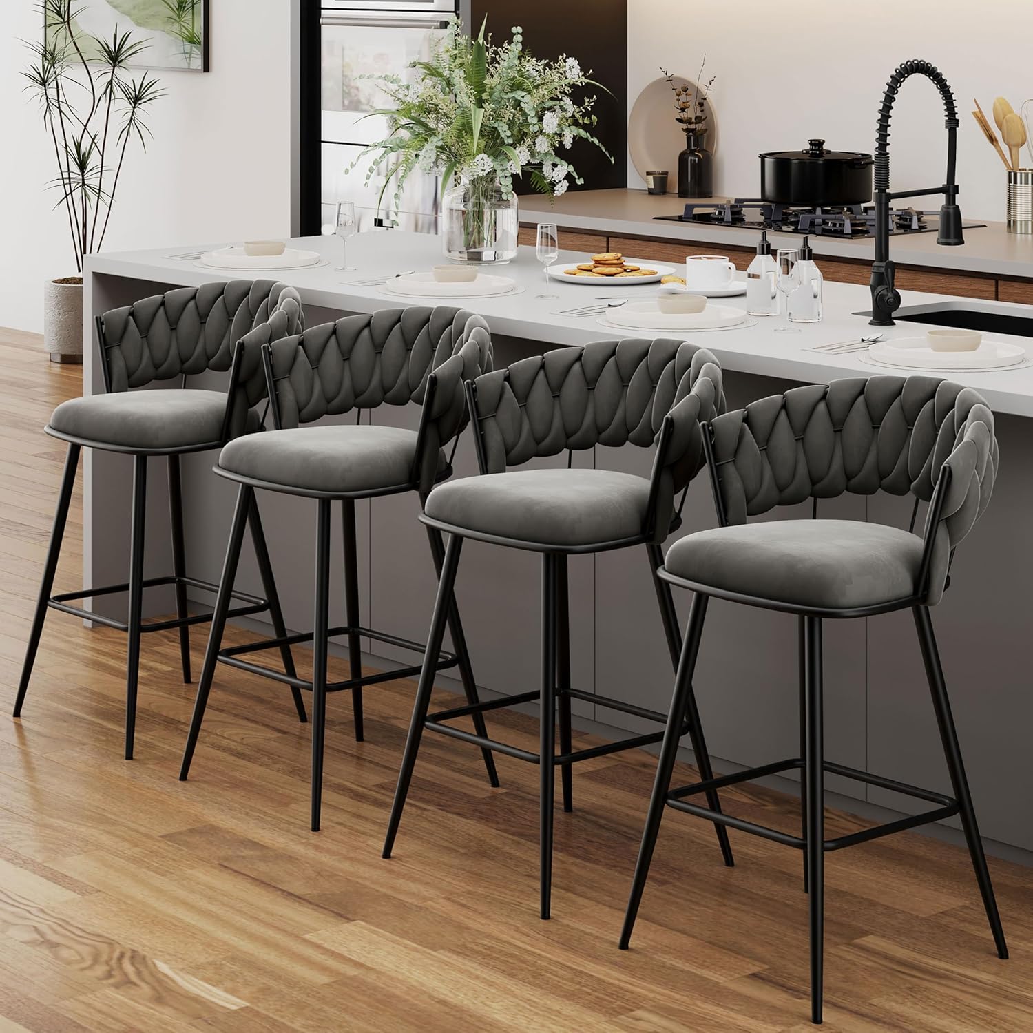 Counter Height Bar Stools Set of 4, Modern 30" Seat Height Barstools, Velvet Fabric Bar Chairs with Woven Back and Footrest for Kitchen Island, Cafe, Pub (Beige)