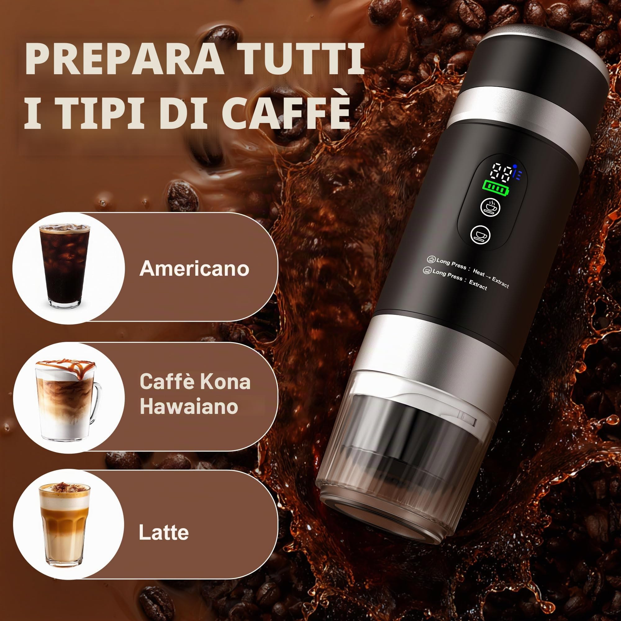 Macchina Caffe Portatile 3 in 1 con Batteria Rimovibile 15000mAh, Caffettiera Portatile 20 Bar Auto Riscaldamento con Display Digitale, Compatibile Capsule e Caffè Macinato, per Camping