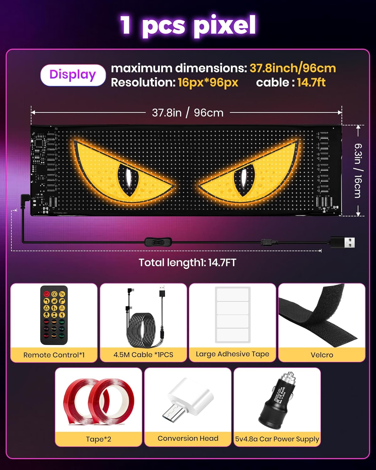 Devil Eyes Light for Car Windshield (1-Pack), 37.8’’ x 6.3’’ Dual LED Car Eyes | App & Remote Control, Perfect Sync, Programmable Patterns | LED Eyes for Car, Light Ride, Lightride, Electra Eyes