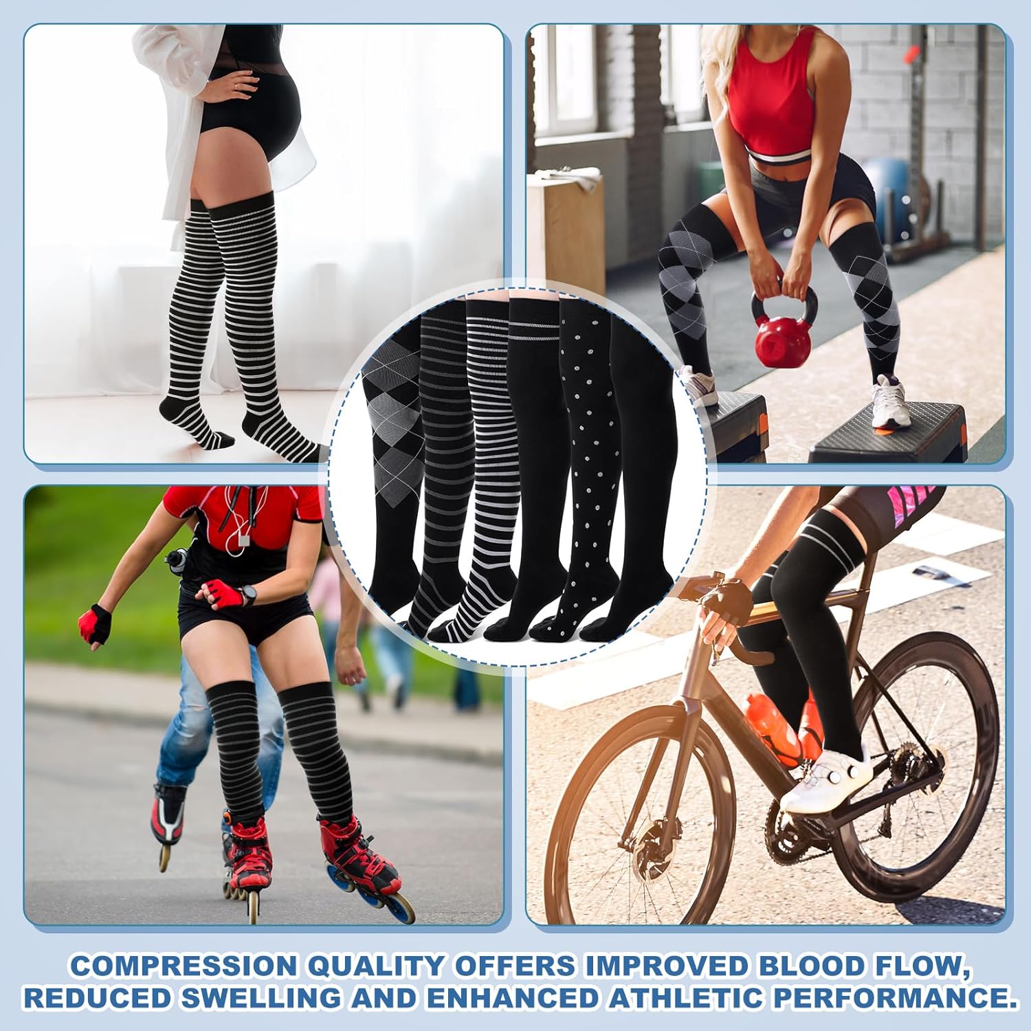 6 Pair Thigh High Compression Socks for Women Men 15-20 mmHg Over the Knee Compression Support Stockings for Hiking Nurses Running Recovery - Image 4