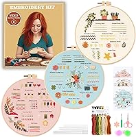 JOINRUN Beginner Embroidery Kit for Adults, 3-Pack Cross Stitch Kits with Pre-Printed Patterns, 7.8" Hoop, Threads, Needles, Video Tutorials - DIY Needlework Gift