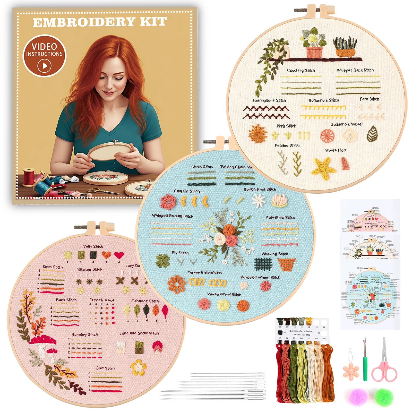 JOINRUN Kit de iniciación de bordado para principiantes: 3 juegos de punto de cruz para adultos, para amantes de las manualidades, aprender a coser a mano, incluye patrón estampado, aro, instrucciones