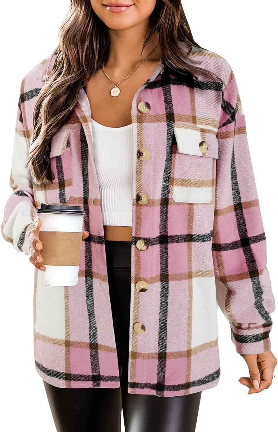 HOTOUCH Womens Flannel Plaid Shacket Jacket Button Down Tartan Trench with Pocket Long Sleeve Cropped Fashion Coat S-XXL
