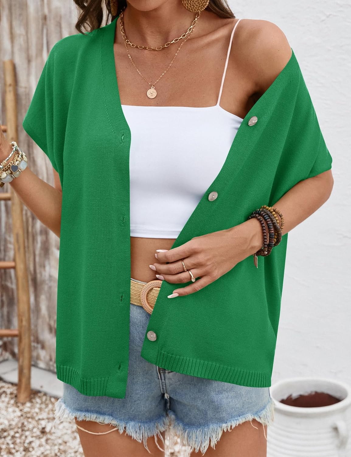 LOMON Oversided Cardigan Sweaters for Women Short Cap Sleeve V-Neck Casual Button Lightweight Knitted Trendy Sweater S-XL - Image 5