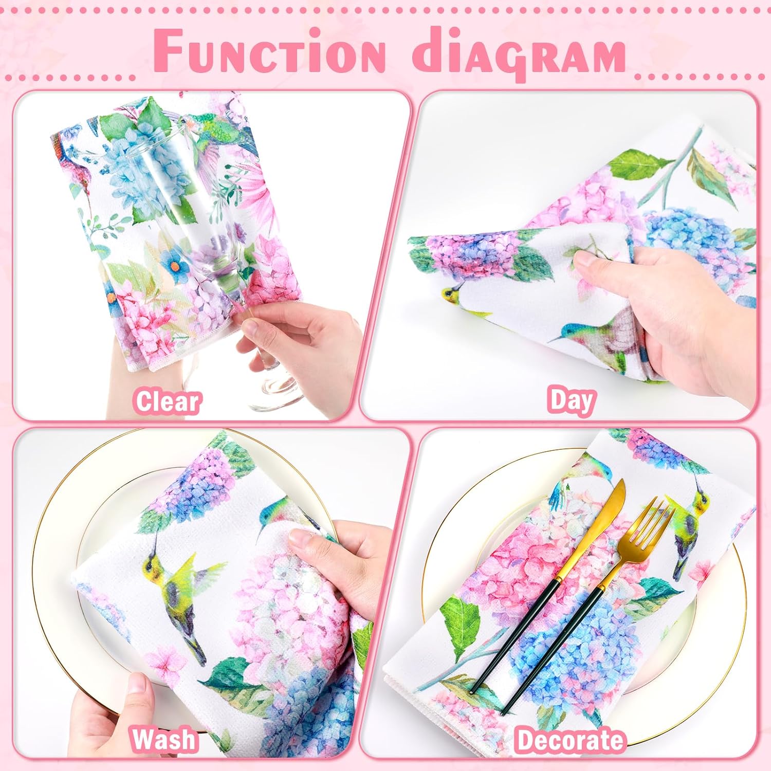 Oudain 6 Pcs Hydrangea Kitchen Towels, Pink Floral Kitchen Towel image 4