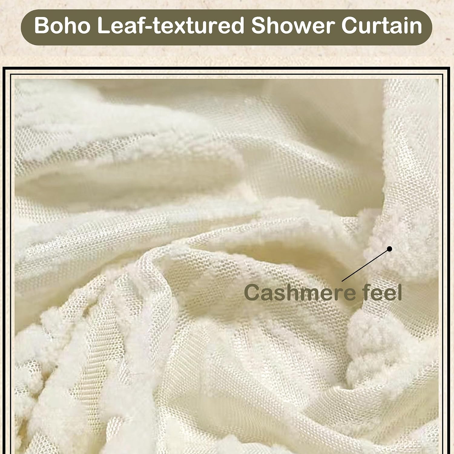 Boho Gauze Shower Curtain Textured Tropical Tufted Leaf Fabric Shower Curtain Mesh Waterproof Coated Elegant Shower Curtain for Bathroom, Cream, 72"x72"