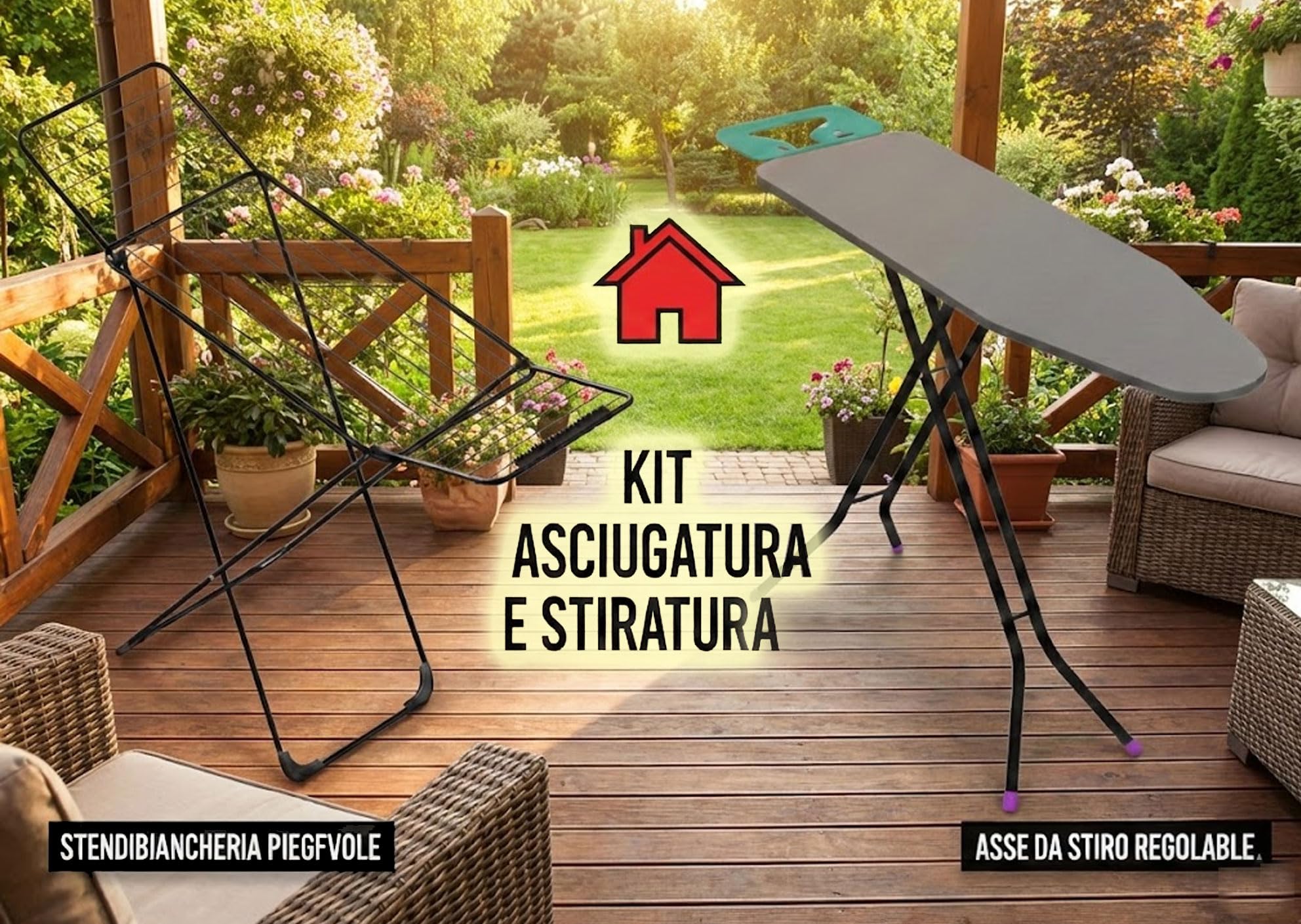 HYTAMA TOOLS - Bügeltisch BRAVA 33 x 110 cm aus Stahl mit klappbarem Hebel, platzsparend mit Bügeleisenablage + Wäscheständer EGE WINGSLUX schwarz für den Boden, 18 m Trockenlänge, Stahl