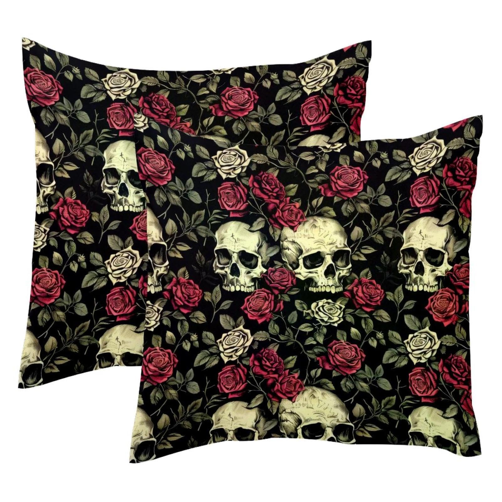 Housse de coussin velours 50x50 cm motif crâne et roses lot de 2 taies déco double face salon