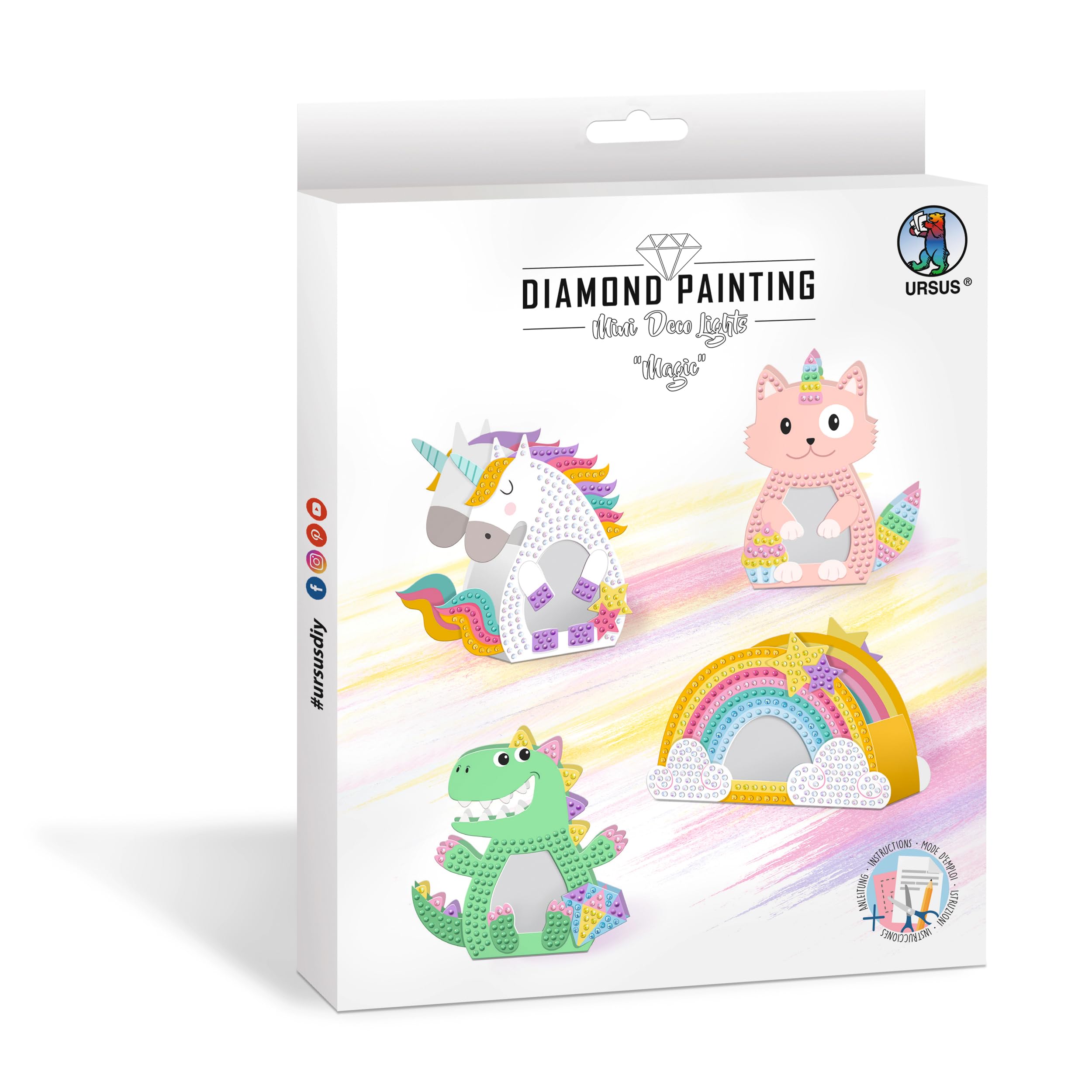 Ursus 4348 00 01F Diamond Painting Mini Deco Lights Magic, Craft Set for Children, Set of 4 for Creative Design and Decorating, with Diamond Stones and Motifs