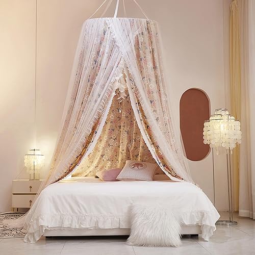 Miniatura 3 de VETHIN Cortina de cama redonda de princesa de doble capa para niñas y adultos mosquitera de ensueño para niños bonita decoración de dormitorio