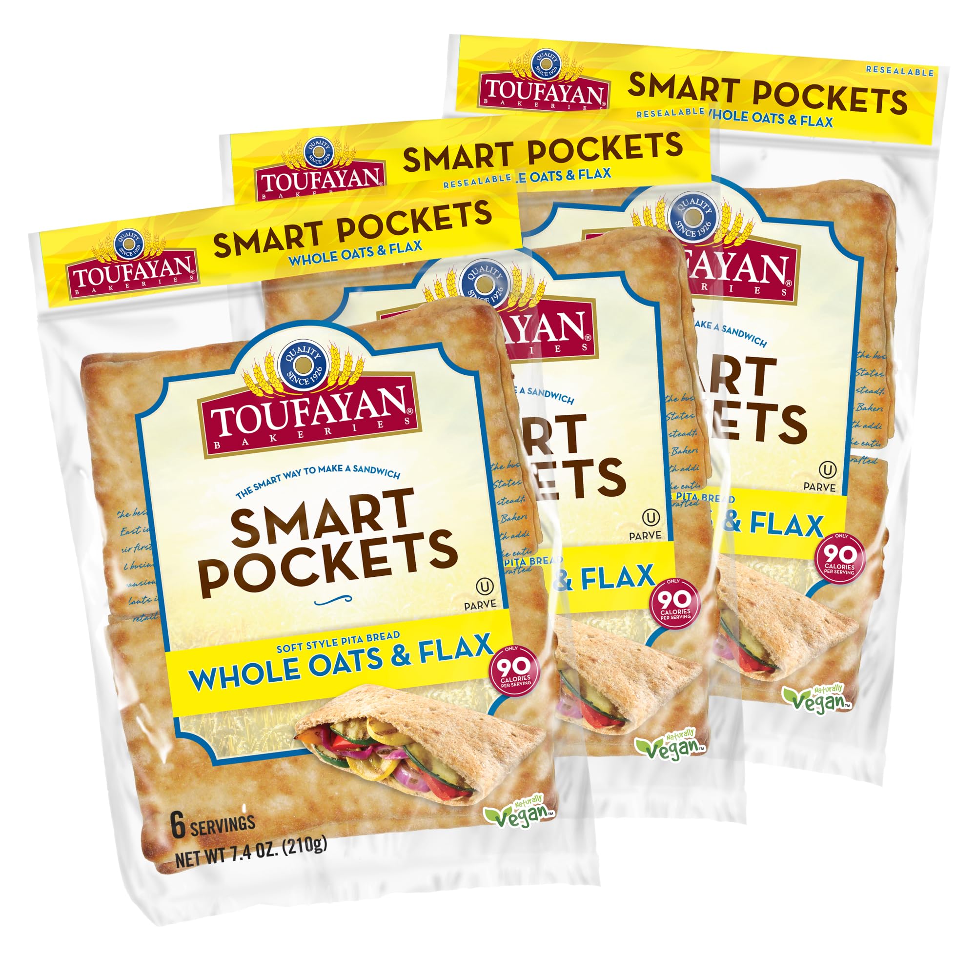 Toufayan Whole Oats & Flax Smart Pockets Pita Bread | Pre-Cut & Scored Sandwich Pockets | Soft, Vegan, Kosher (3 Packs, 18 Total)