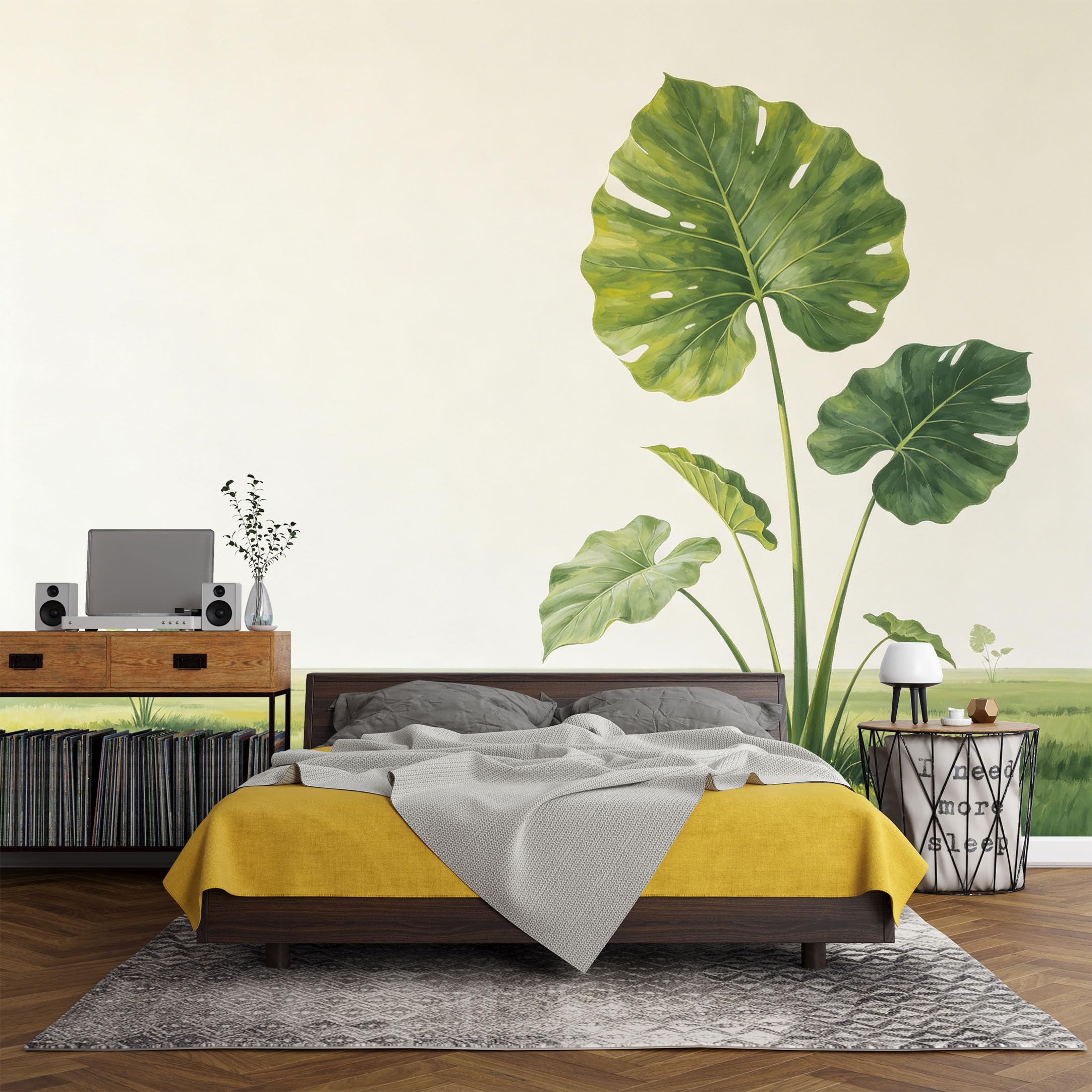 Custom Size Wall Mural， Botanical Green Tropical Leaves Grassland Landscape，SelfAdhesive Art Prints wall Fabric(No PVC) Removable Wallpaper Living Room Decor
