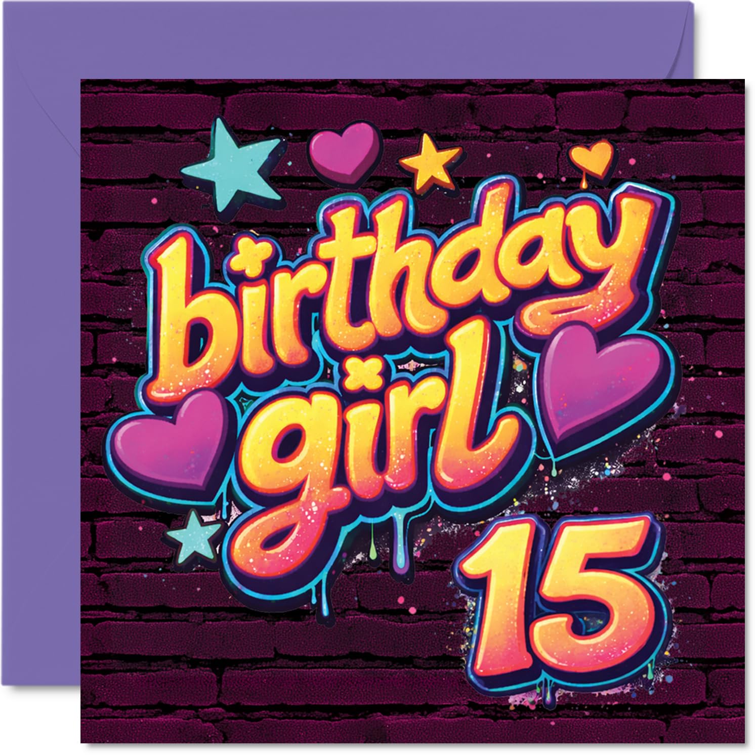 Playful 15th Birthday Card - Vibrant Birthday Vibes - Bold Stars and Hearts in Purple, Pink and Blue - Bursting with Cheerful Energy - 145mm Square, Envelope Included