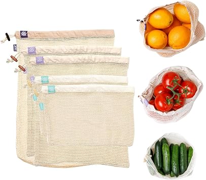 Lotus Reusable Produce Bags - Organic Cotton Washable Produce Mesh Bag for Vegetable Storage, Eco Friendly Reusable Produce Storage Fruit Bag Mesh for Groceries 3 Size Cloth Bags