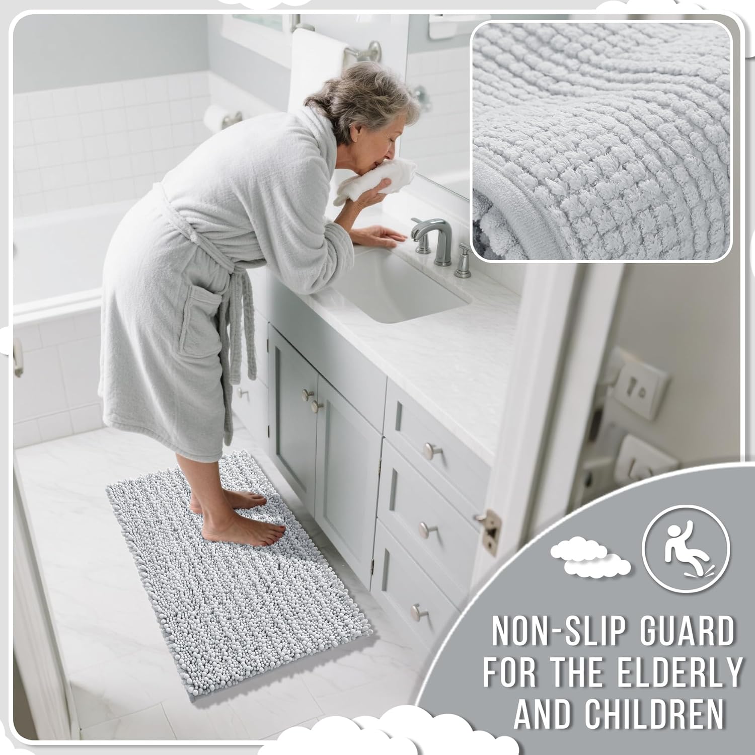 Yimobra Bathroom Rugs Sets 2 Piece - Quick Dry Extra Thick Luxury Chenille Bath Mat, Non Slip Super Absorbent for Tub Shower Sink, Machine Washable Shaggy Floor Mat, 32"x20"+24"x17" Inch, Silver - Image 5