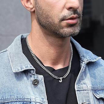 RWQIAN Silver Initial Necklace for Men Cuban Link Chain with A-Z Letter Pendant Necklace Stainless Steel Mens Initials Jewellery Gifts for Dad Husband Son Grandson Brother Fathers Day Birthday Gift