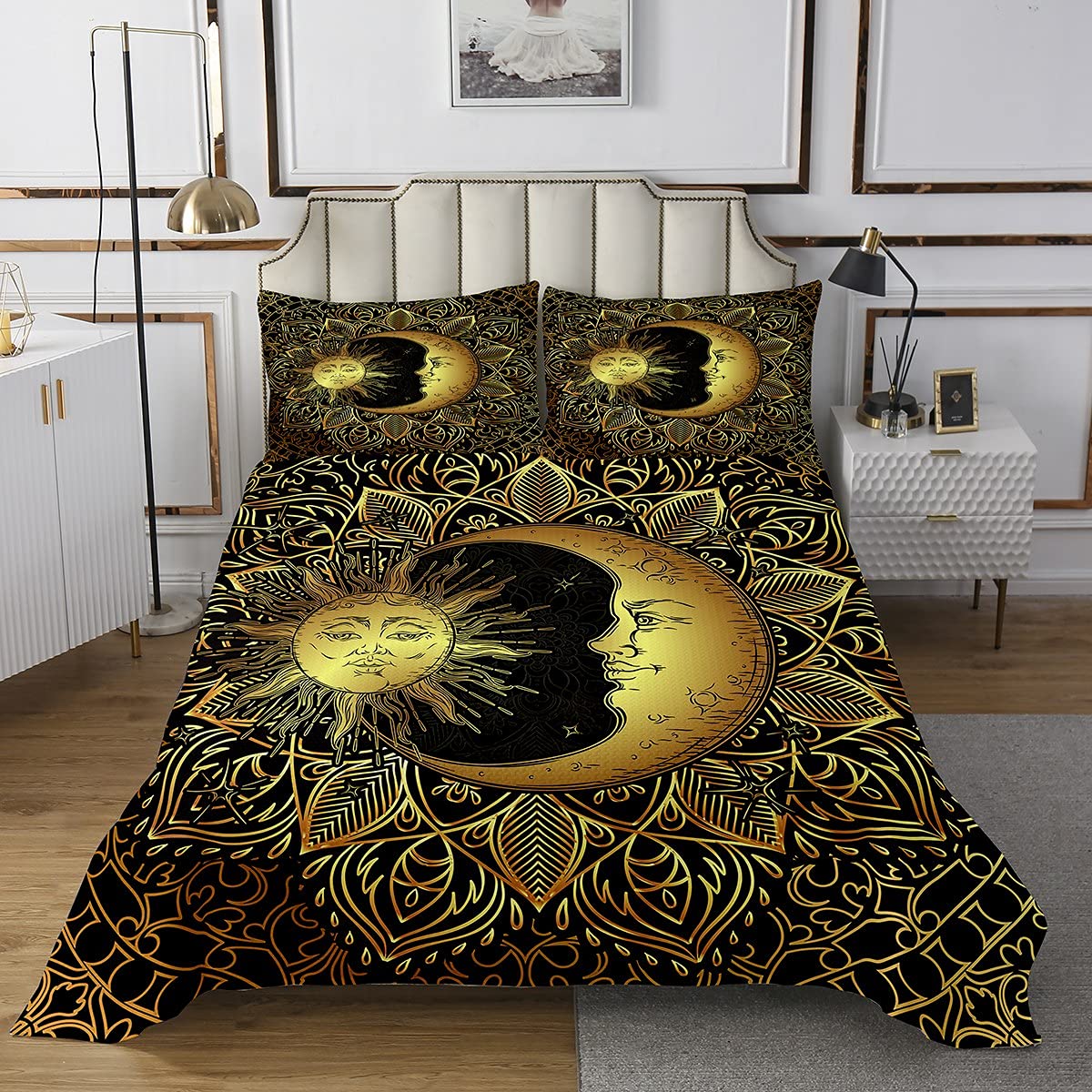 Böhmische Tagesdecke 240x260 3D Golden Sonne Und Mond Bedrucktes Bettwäscheset Für Kinder Teenager Erwachsene Mandala Gesteppte Bettdecke Traumfänger Bettdecke Set, Trippy Boho Hippie Dekor, Schwarz