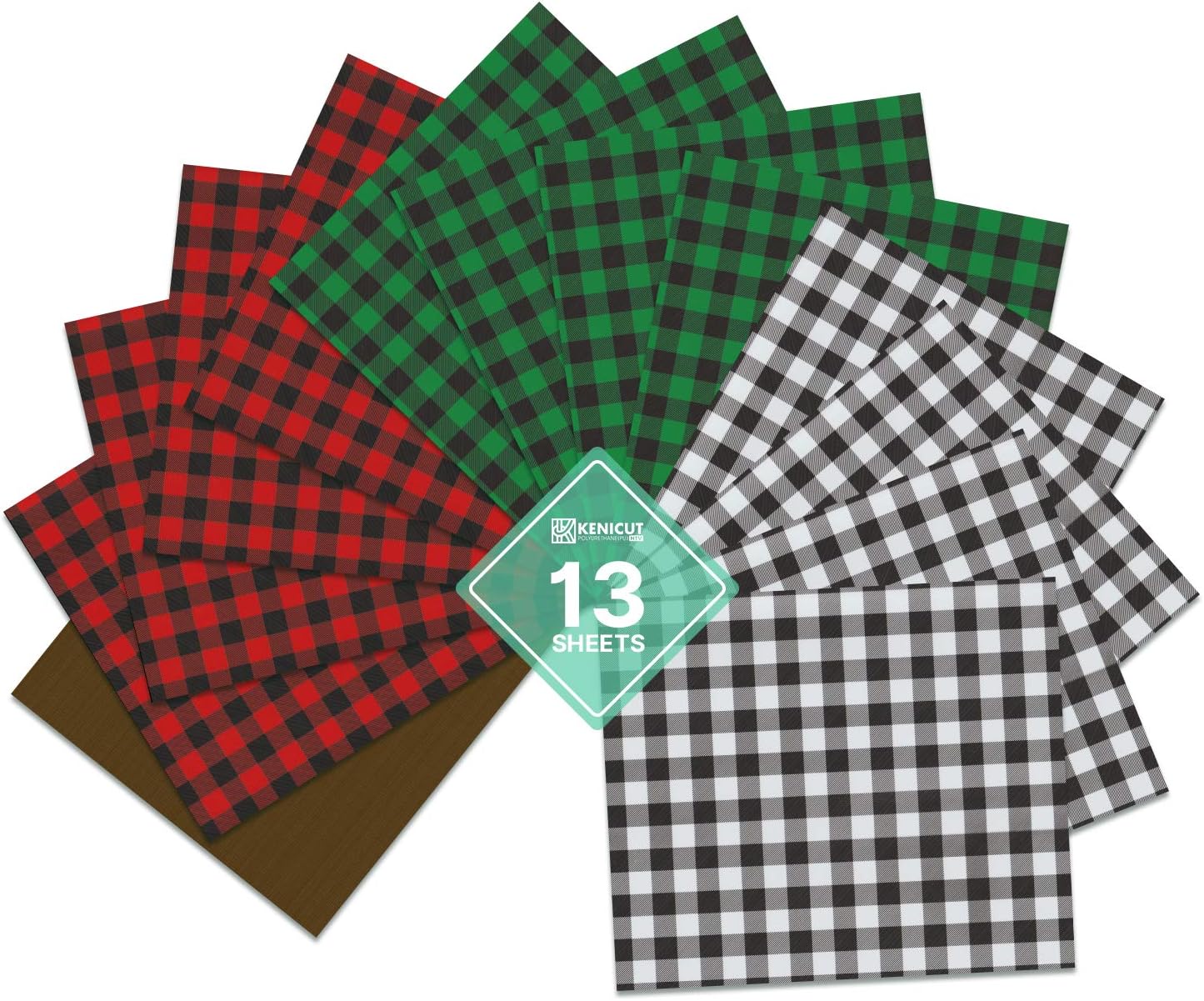 KENICUT Buffalo Plaid Heat Transfer Vinyl Bundle PU HTV Red Green and Black Classic Plaid Fabric Iron on Vinyl for DIY Handcraft 12"x 10" 13 Sheets 3 Colors