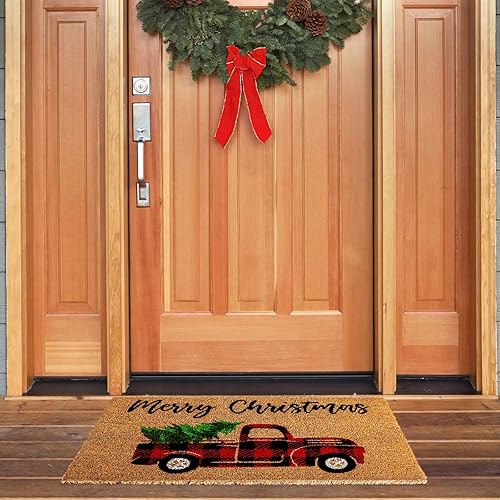 Miniatura 2 de Whaline Tapete de Navidad para puerta de fibra de coco natural, decorativo, rojo, negro, a cuadros, antideslizante, para puerta de entrada interior
