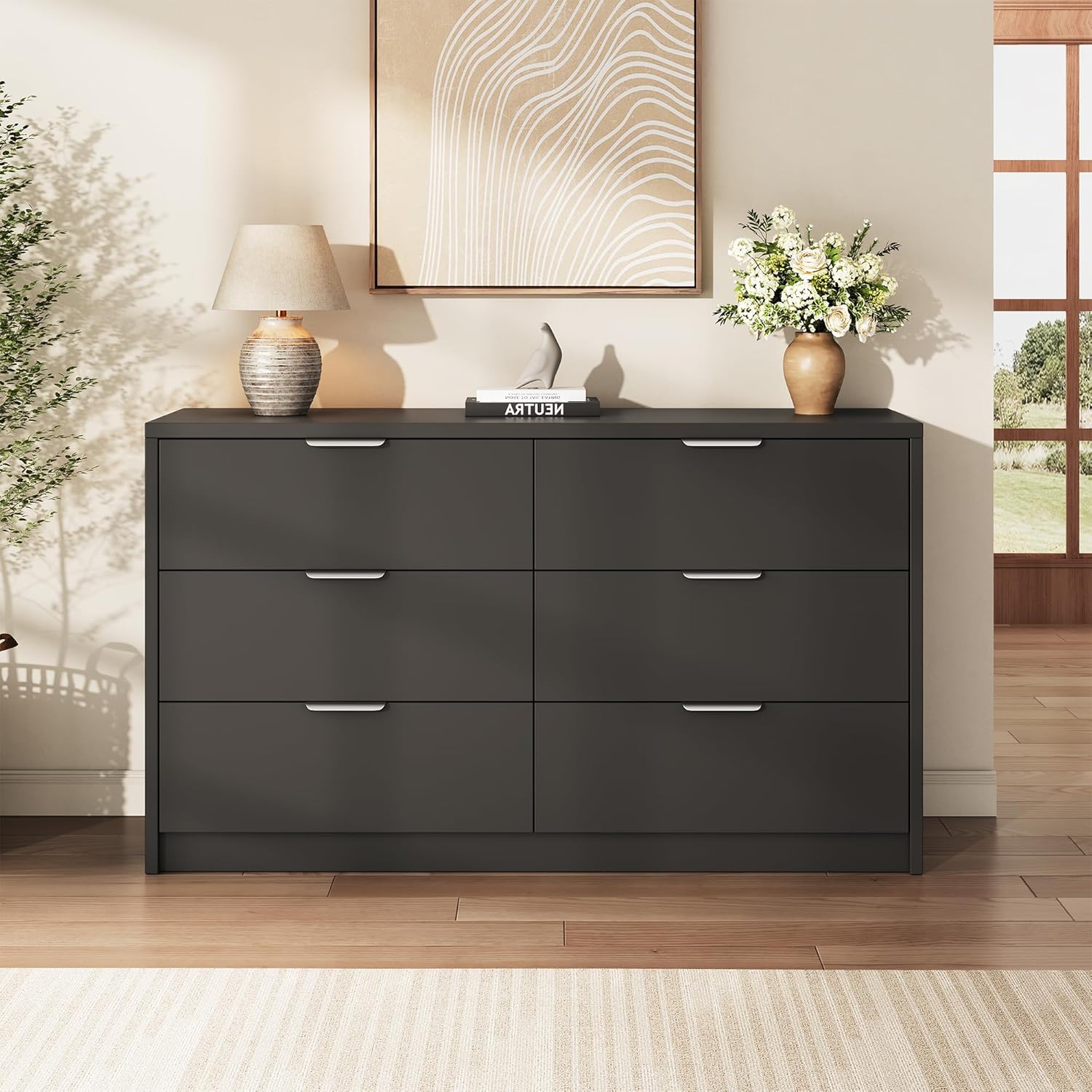 53" Wide 6 Drawer Dresser for Bedroom, Modern Simple Wood Dresser Chest of Drawers Closet Store Organizer for Living Room, Hallway, Black