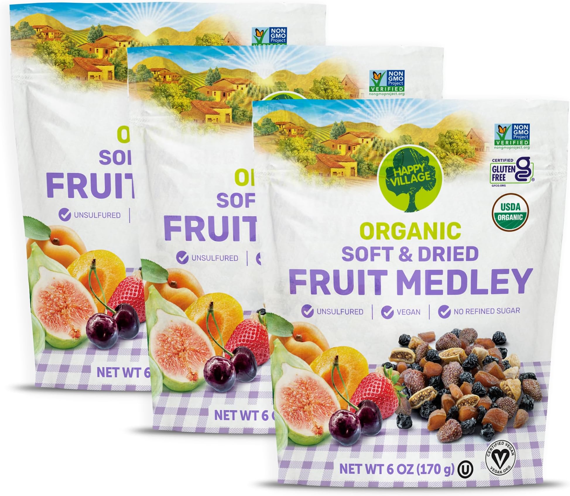 Happy Village Organic Dried Fruit Mix - Apricots, Figs, Strawberries & Tart Cherries, 18 OZ (3 Packs of 6 OZ) - Kosher, Non-GMO, No Refined Sugar, Vegan, Unsulfured Dried Fruit Medley