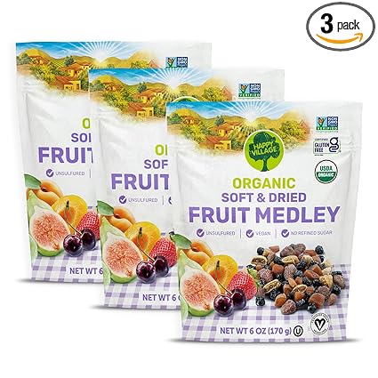 Happy Village Organic Dried Fruit Mix - Apricots, Figs, Strawberries & Tart Cherries, 18 OZ (3 Packs of 6 OZ) - Kosher, Non-GMO, No Refined Sugar, Vegan, Unsulfured Dried Fruit Medley