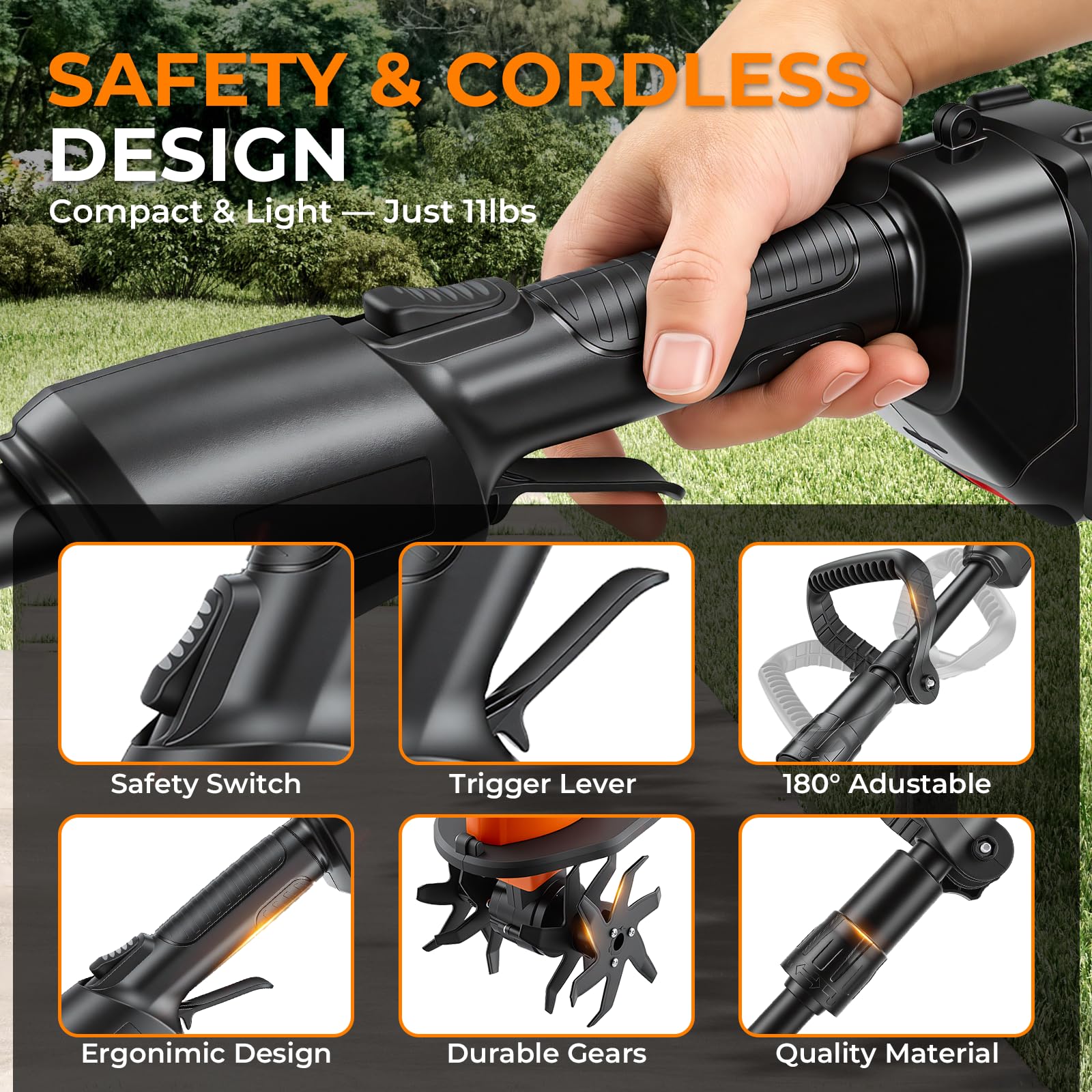 2 in 1 Akku-Bodenhacke, 21V Gartenfräse Elektrisch mit 2 * 1500mAh Akkus, Mikro Gartenfräse mit 1.3m Zusatzhandgriff (4 Metallmesser 10cm Arbeitsbreite 10cm Arbeitstiefe 235 U/min Drehzahl)
