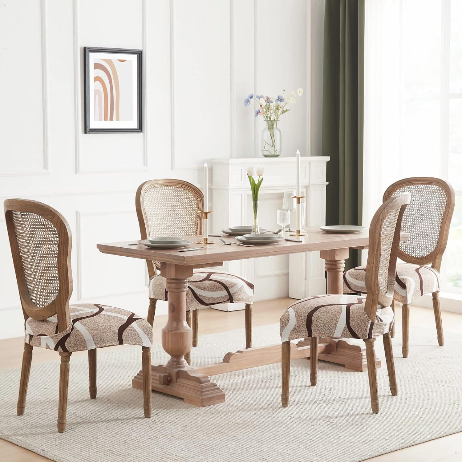 SearchI Stretch Dining Chair Seat Covers Set of 6, Soft Removable Washable Seat Covers for Dining Chairs, Dining Room Seat Cover Protector (Rear-Covered, Beige)
