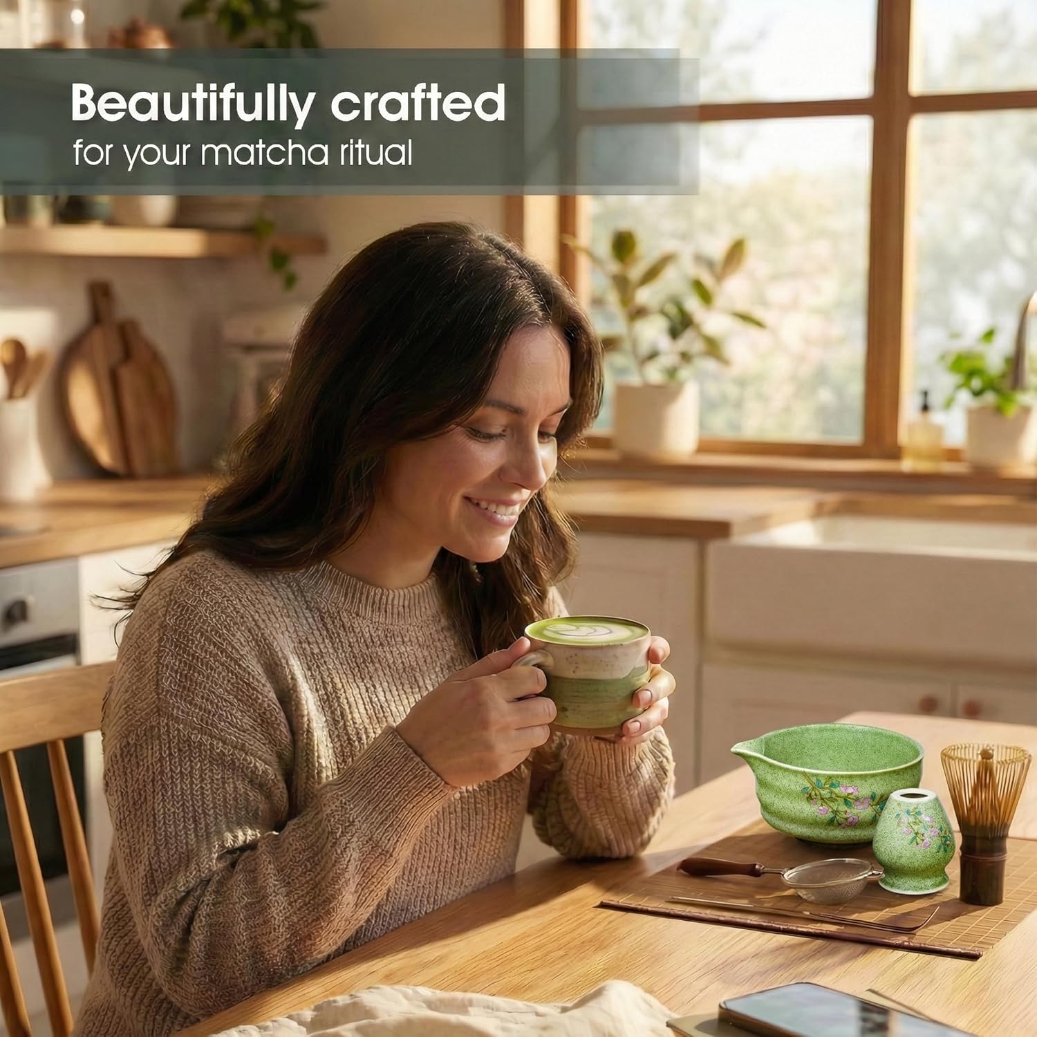 7-Piece Matcha Set with Ceramic Matcha Bowl, Bamboo Whisk (Chasen) & Holder, Sifter, Tea Scoop & Rest, Special Bamboo Tea Mat - Perfect Matcha Kit for Matcha Lovers & Gift Giving, Green - Image 3