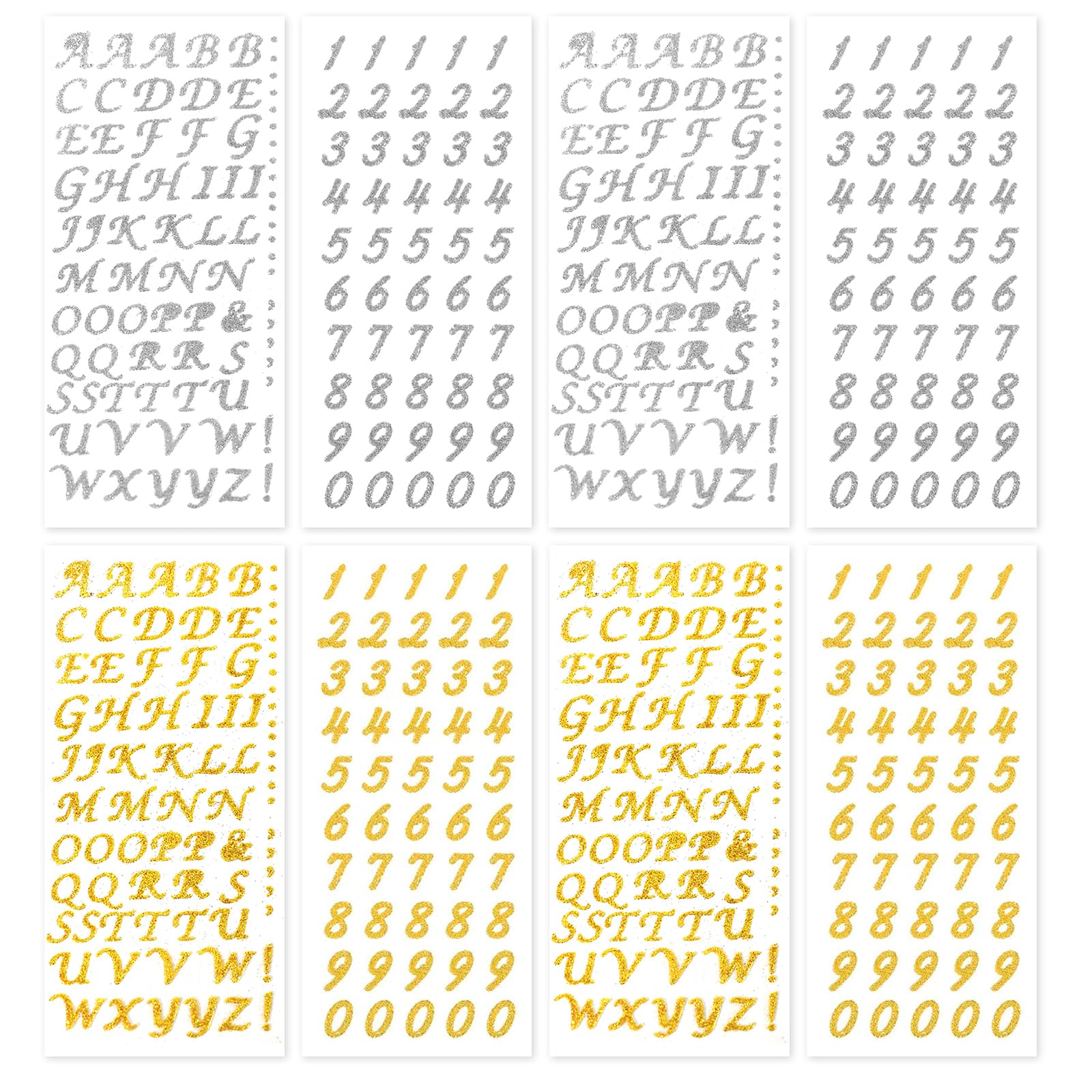 Calcomanías de letras con purpurina, 8 hojas de letras y números autoadhesivas doradas del alfabeto para manualidades, álbumes de recortes