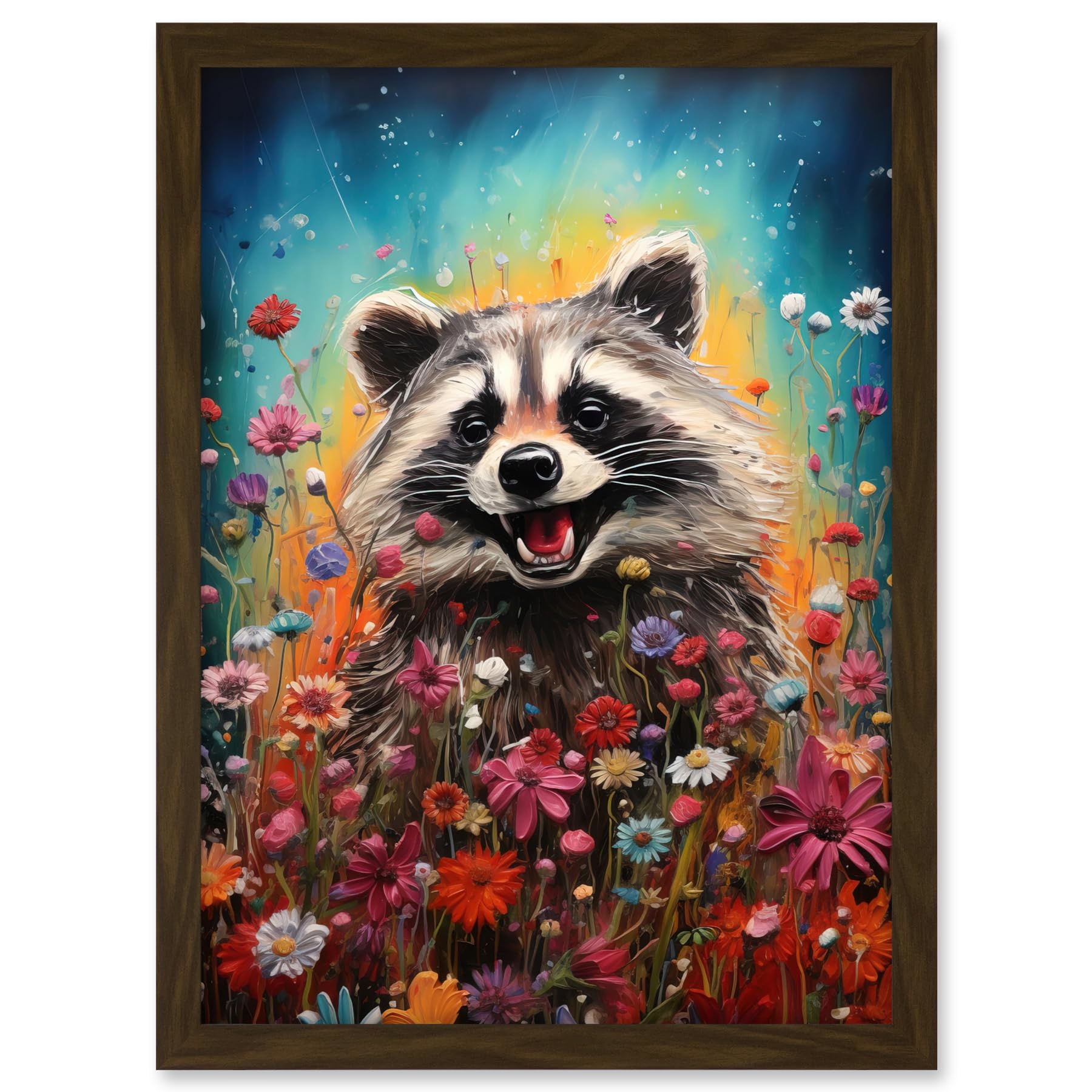Artery8 Gleeful Racoon Quirky Portrait Spring Makes Everything Better Oil Painting Kids Bedroom Blooming Wildflower Meadow Artwork Framed A3 Wall Art Print