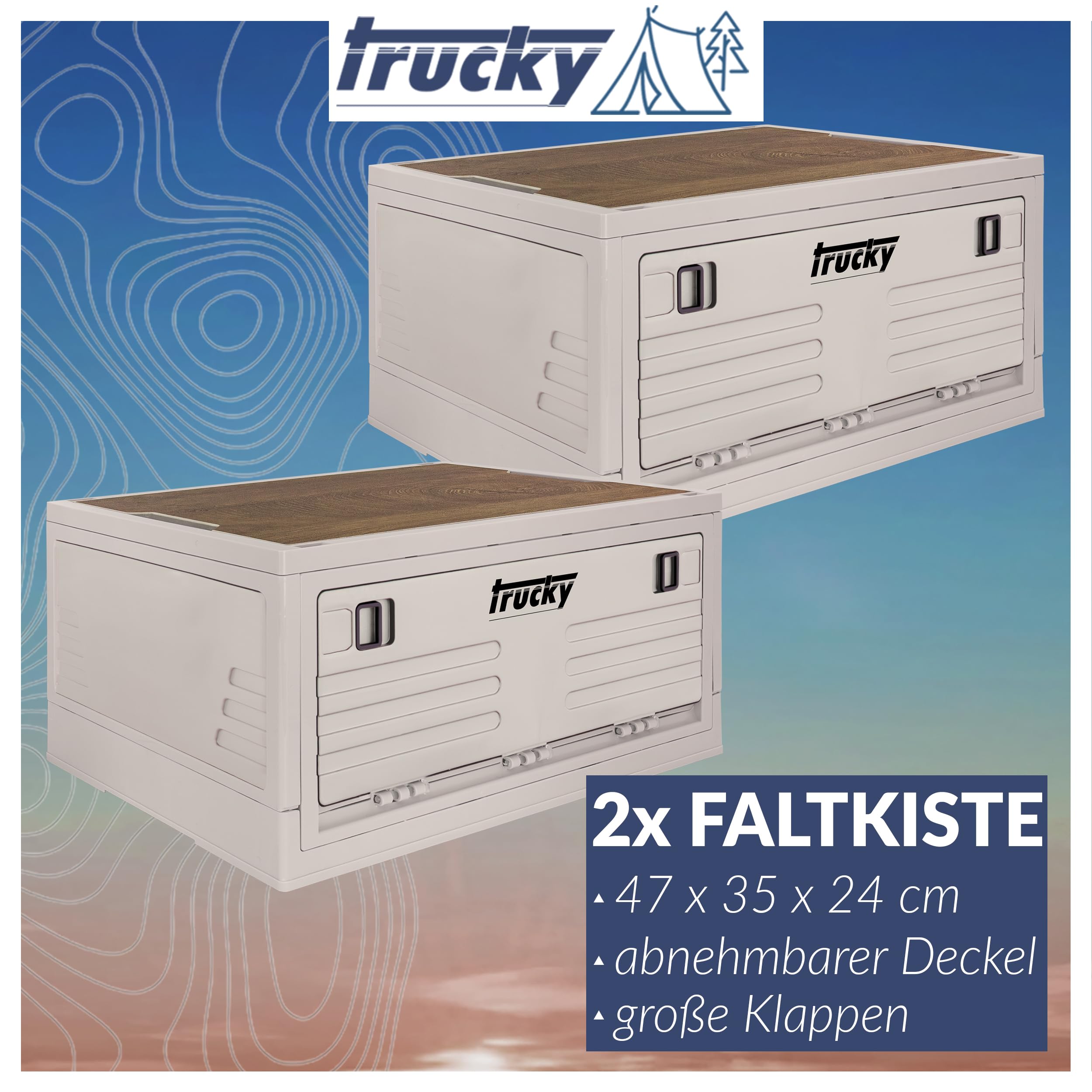 Trucky Caja de almacenamiento con tapa, juego de 2 unidades, 35 L, 48 x 30 x 24 cm, camping, caja plegable, caja de almacenamiento con tapa, plegable, color beige