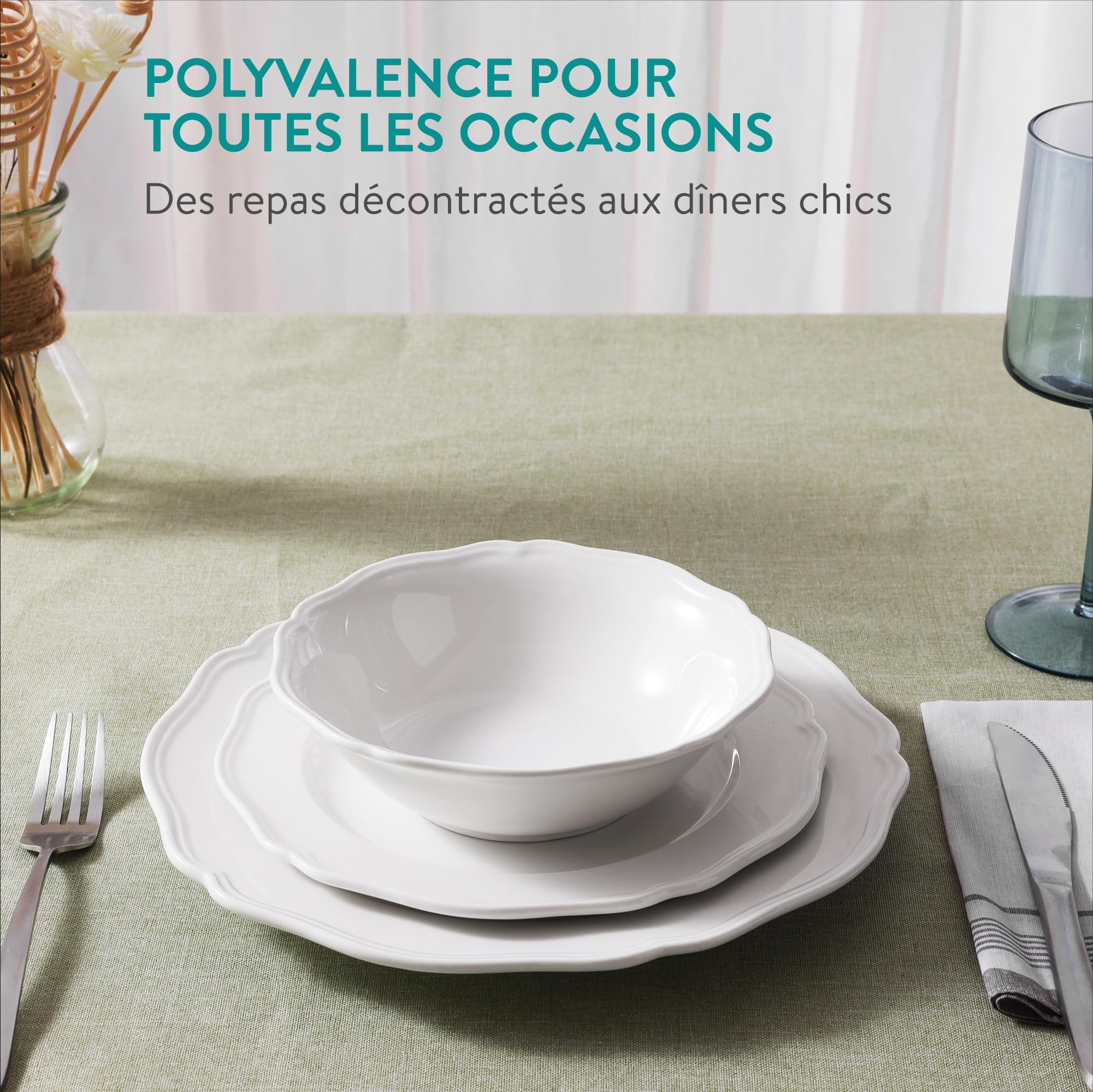 Navaris Assiettes Service de Table 4 Personnes - Ensemble Service Vaisselle en Porcelaine Blanc - Lot avec 4x Assiette Plate 4x Assiette Creuse et 4x Bol - Set Services de Table Complet