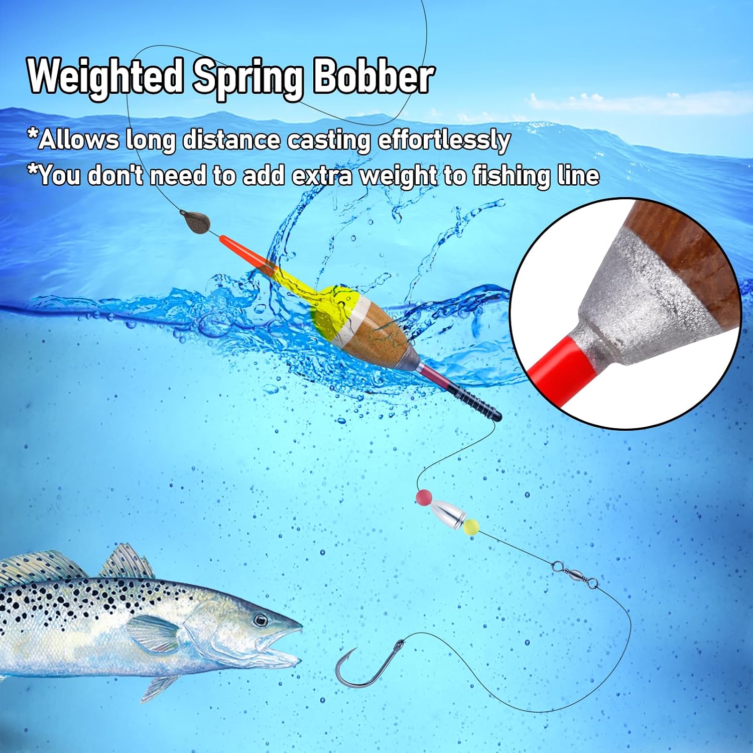 Dr.Fish 5 Pack Weighted Balsa Spring Floats Wood Slip Bobber Spring Fishing Bobbers for Crappie Catfish Trout Walleye Bluegill Panfish