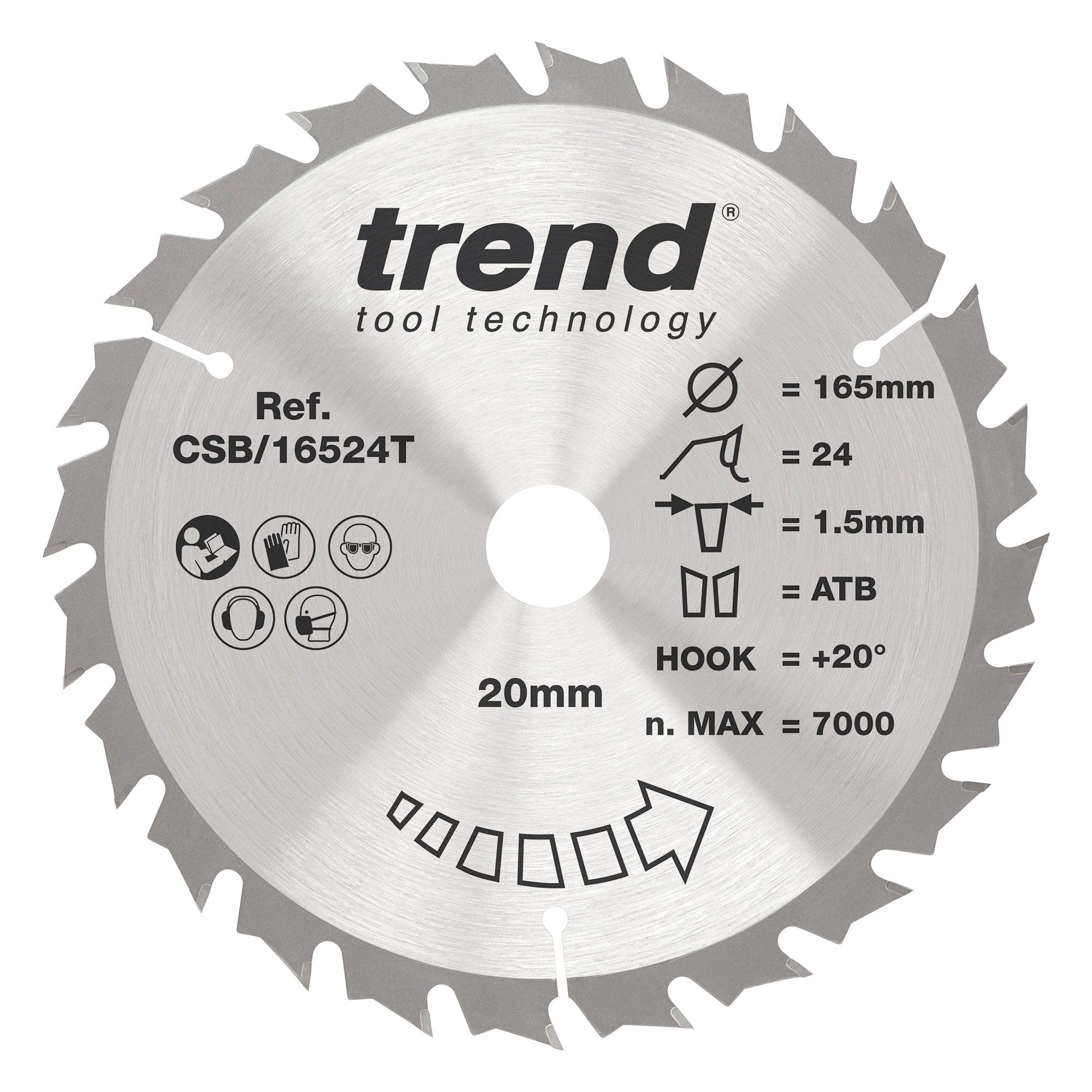 Trend Tungsten Carbide Tipped Wood Cordless Circular Saw Blade, 165Mm Diameter, 30Mm Bore, 24 Teeth, 1.5Mm Kerf, +15° Hook, Tct, Medium Finish, Csb/16524Tb