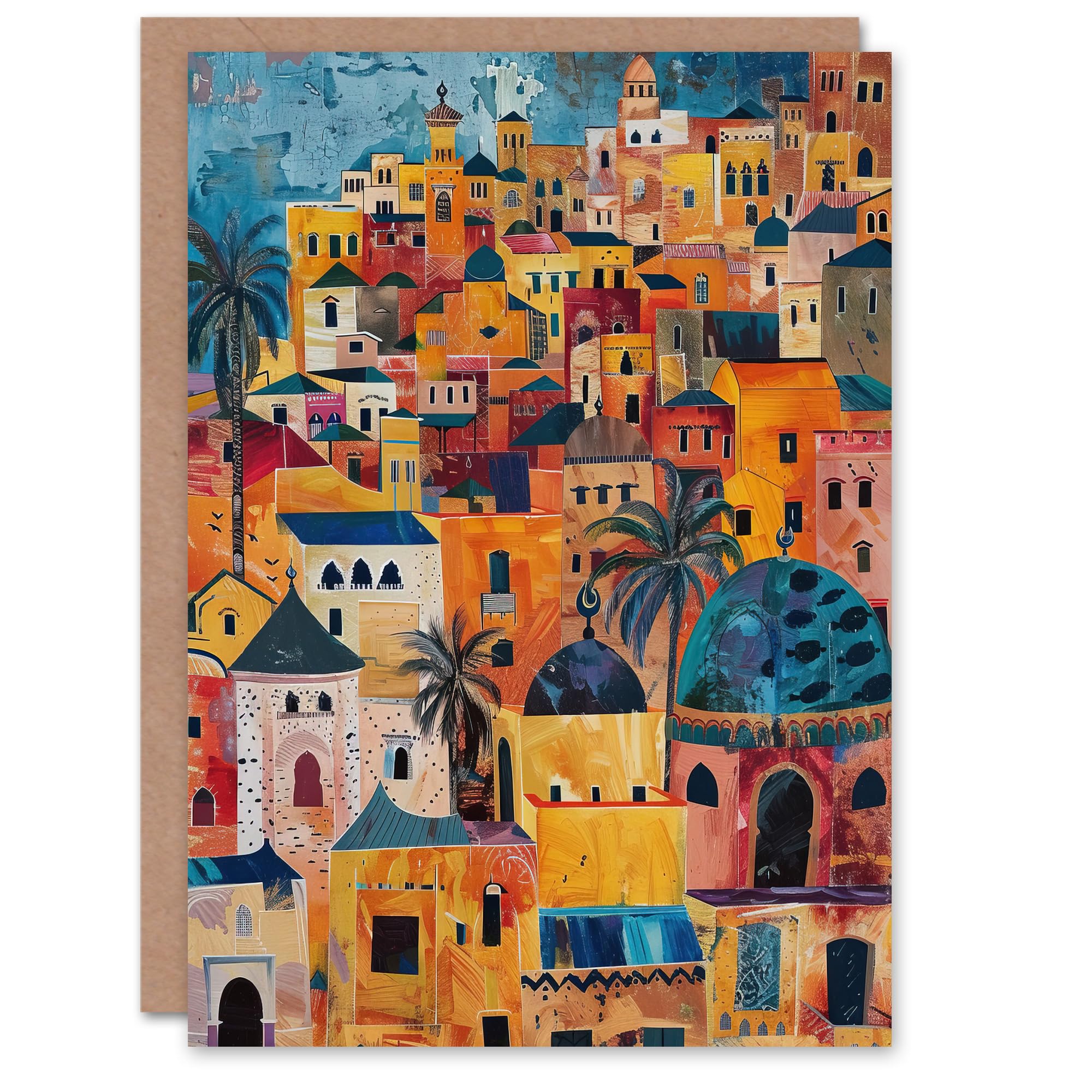 Artery8 Moroccan Cityscape Artwork Colourful Exotic Ochre Greeting Birthday Card Him Her All Blank