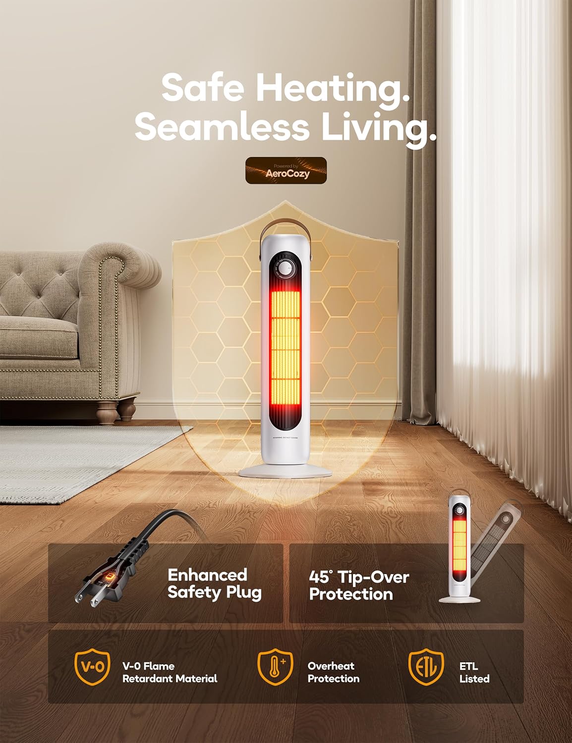 Outdoor Heaters for Patio, 350Sq.ft 1S Heating, 1500W PTC Ceramic Electric Patio Heater, Overheating & Tip-Over Protection, 70° Oscillating Space Heaters for Indoor Use Large Room, 4 Modes, Ivory