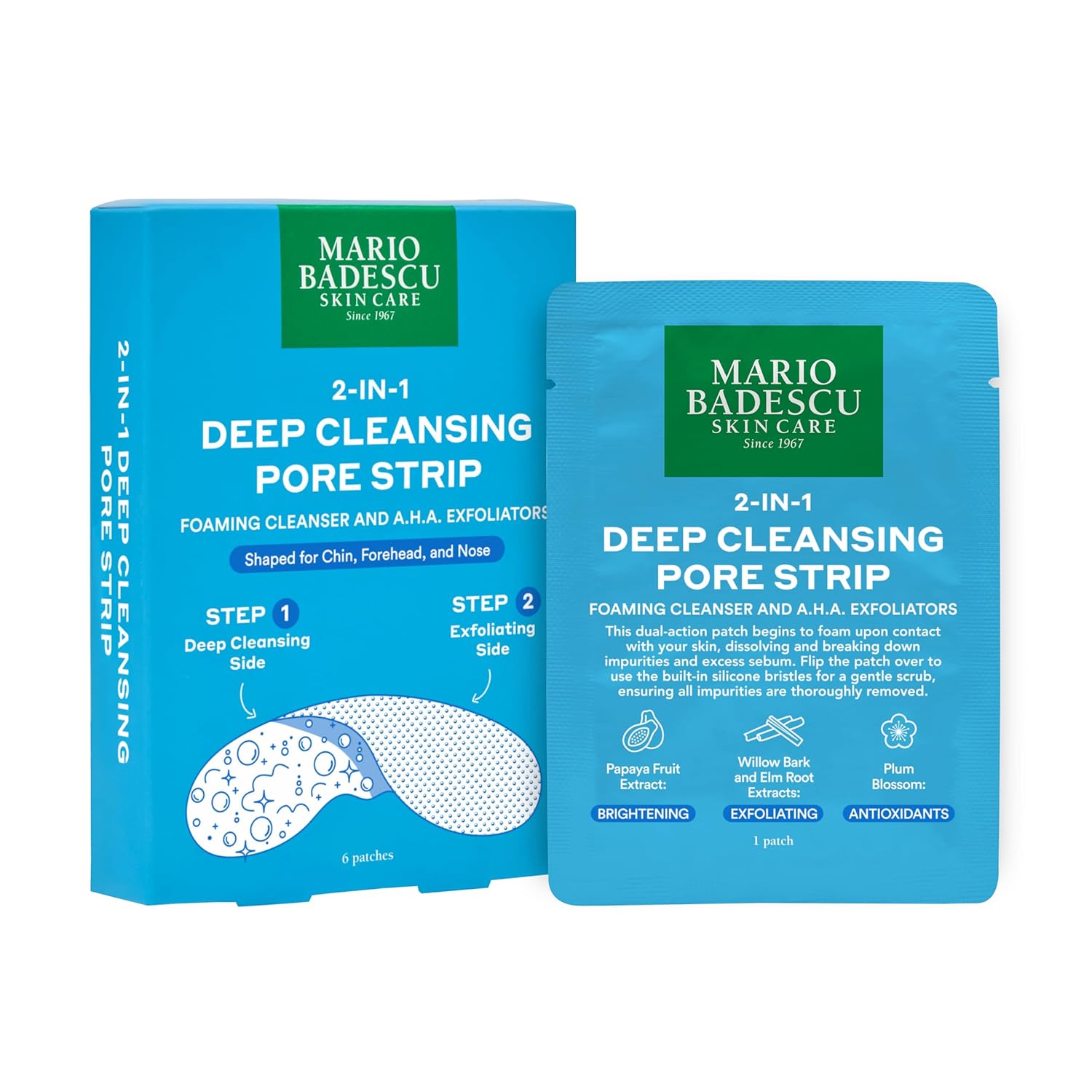 Mario Badescu 2-in-1 Deep Cleansing Pore Strip, Dual Action Foaming Cleanser and AHA Exfoliators Patches for Nose, Chin and Forehead, Removes Whiteheads, Blackheads and Sebum, 6 Pack