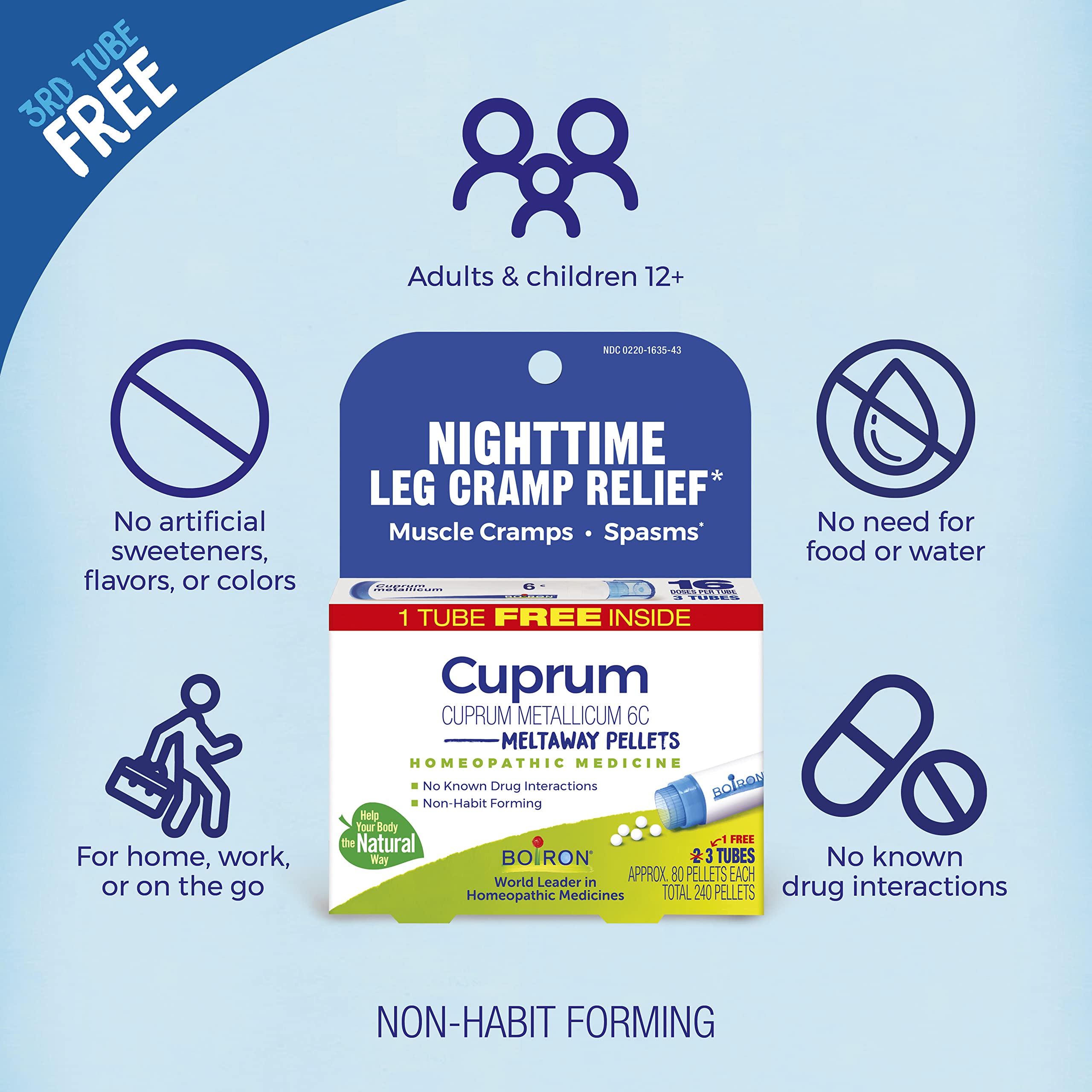 Boiron Cuprum Metallicum 6C Homeopathic Medicine for Nighttime Leg Cramp Relief, Muscle Cramps, and Spasms - 3 Count (240 Pellets) — Amazon image 3