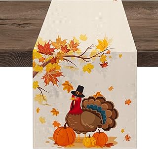 Fall Table Runner 90 Inches Long,Turkey with Pumpkins Maple Leaves Table Runner,Thanksgiving Holiday Floral Decorations for Party,Autumn Rustic Farmhouse Decor for Kitchen Dinner Home Dining Table