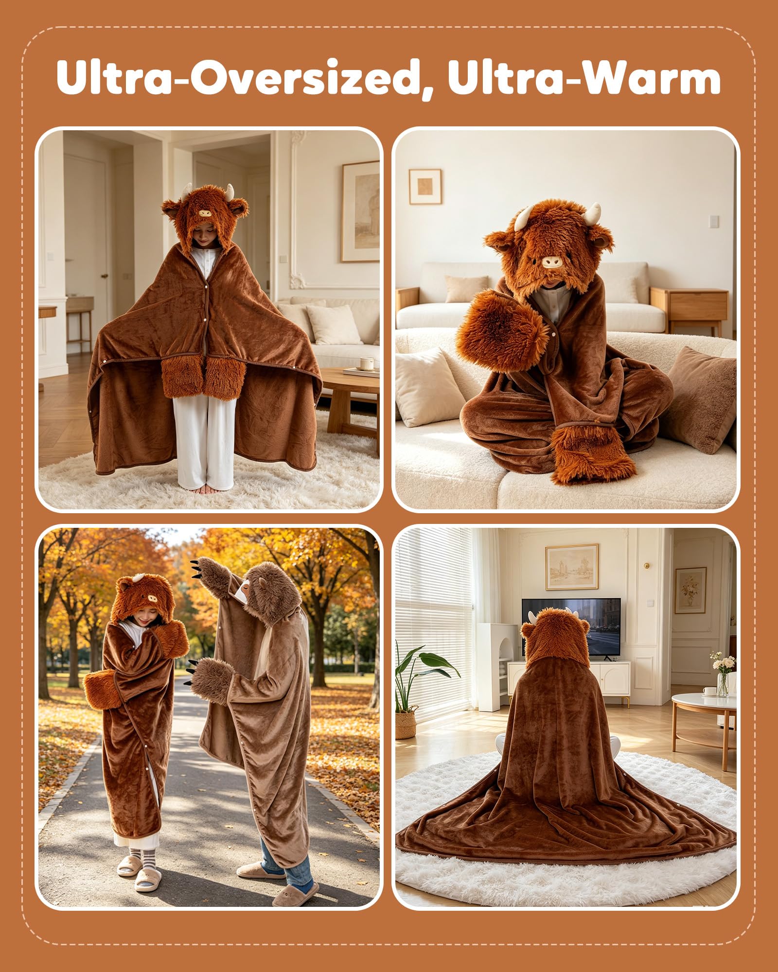 SQEQE Tragbare Decken mit Kapuze und Handschuhen Hoodie Decke Sofadecke Cartoon Kuscheldecke für Damen und Herren 150x130cm