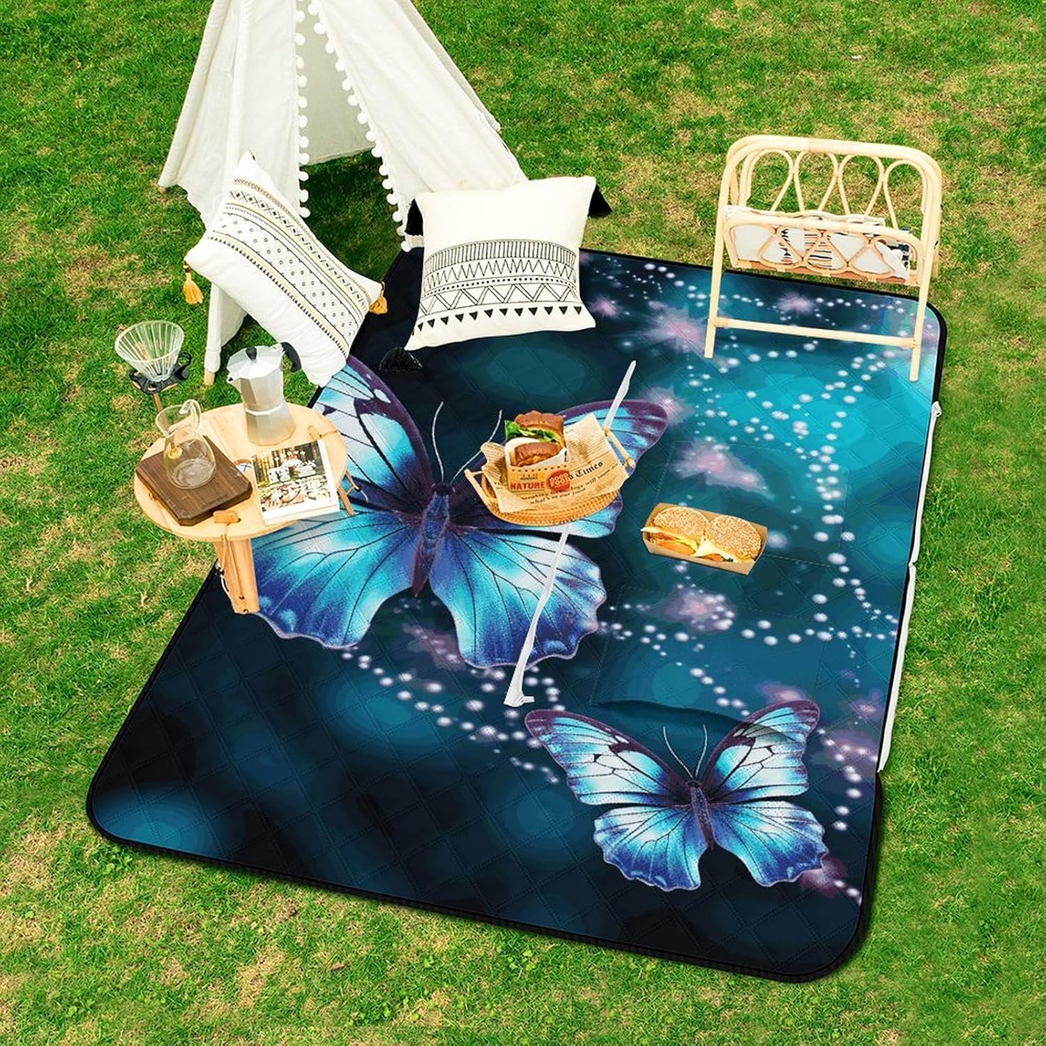 Zipper Type Beach Blanket Beautiful Butterfly Picnic Outdoor Blanket Waterproof Foldable for Beaches、Camping、Travel