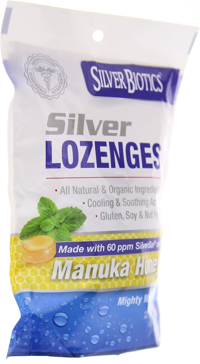 American Biotech Labs Silver Biotics Silver Lozenges w/60ppm SilverSol and Manuka Honey, Mighty Manuka Mint (21 Count) (2 Pack)